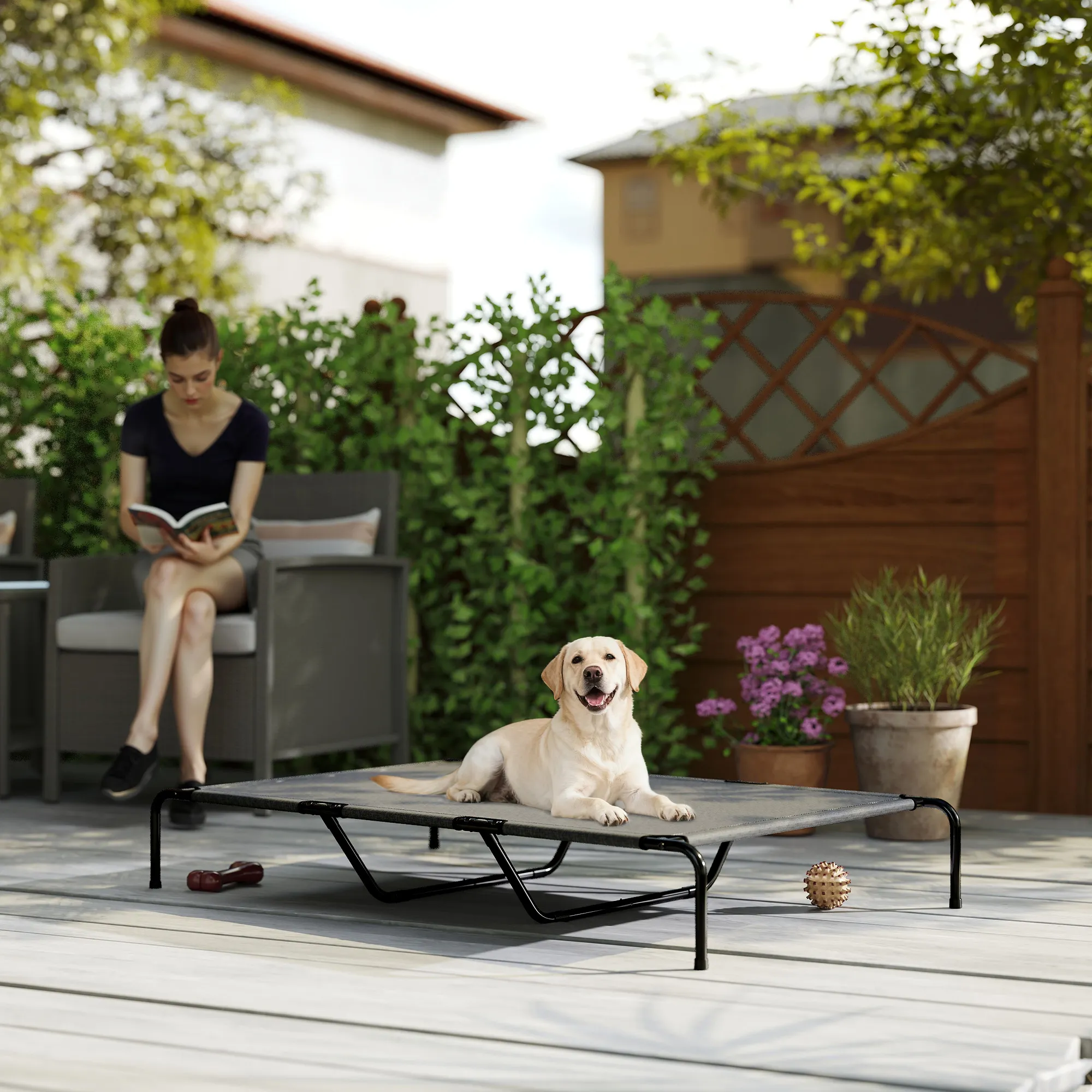 Hundebett Outdoor erhöht für große Hunde, Stahl, 152x94x23 cm, Grau