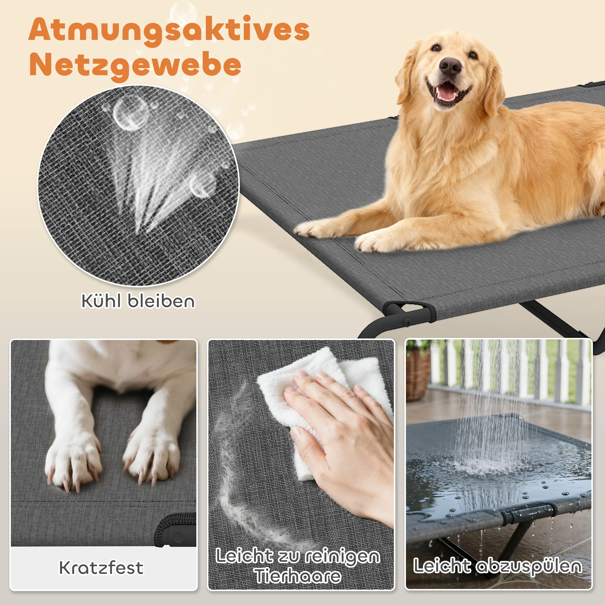 Hundebett Outdoor erhöht für große Hunde, Stahl, 152x94x23 cm, Grau