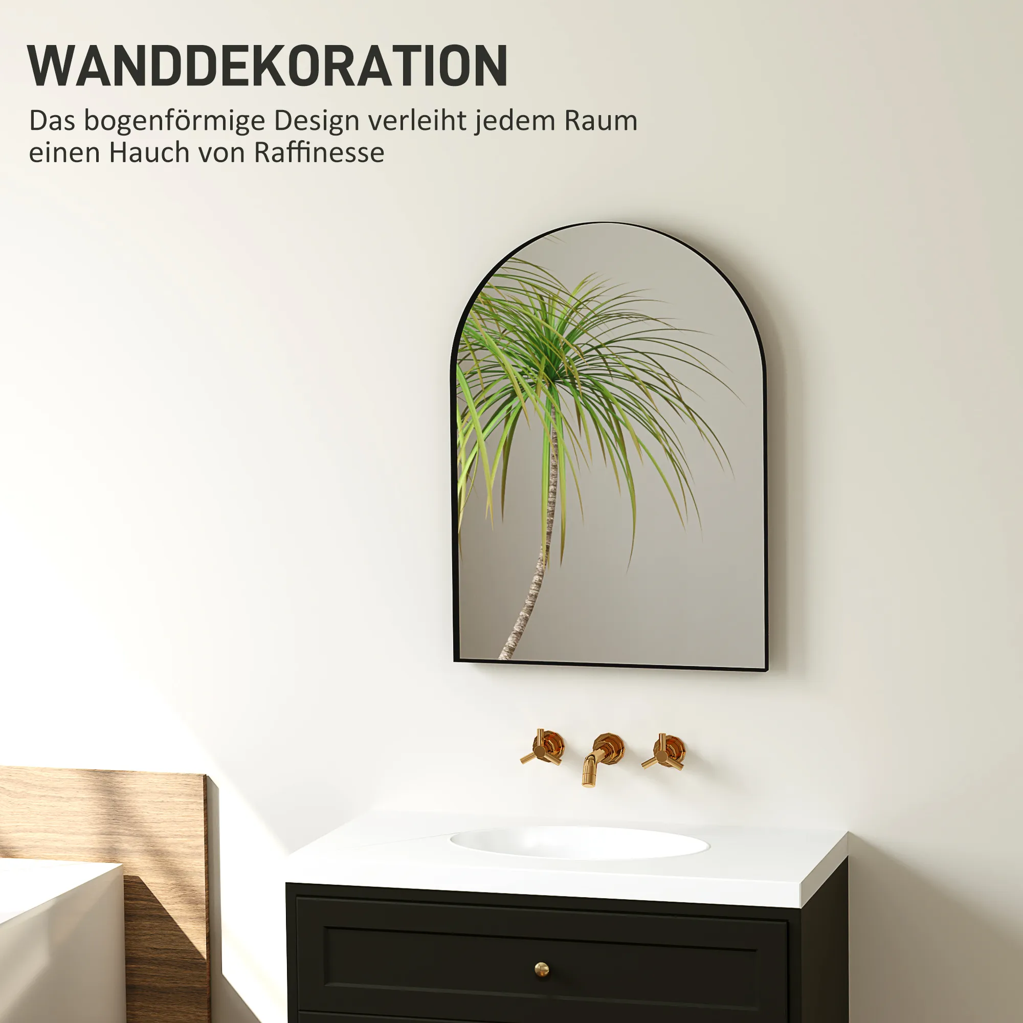 Gebogener Badezimmerspiegel, 50 x 70 cm, Bad-Spiegel mit Aluminium-Rahmen, Deko-Spiegel, Küche, Schwarz