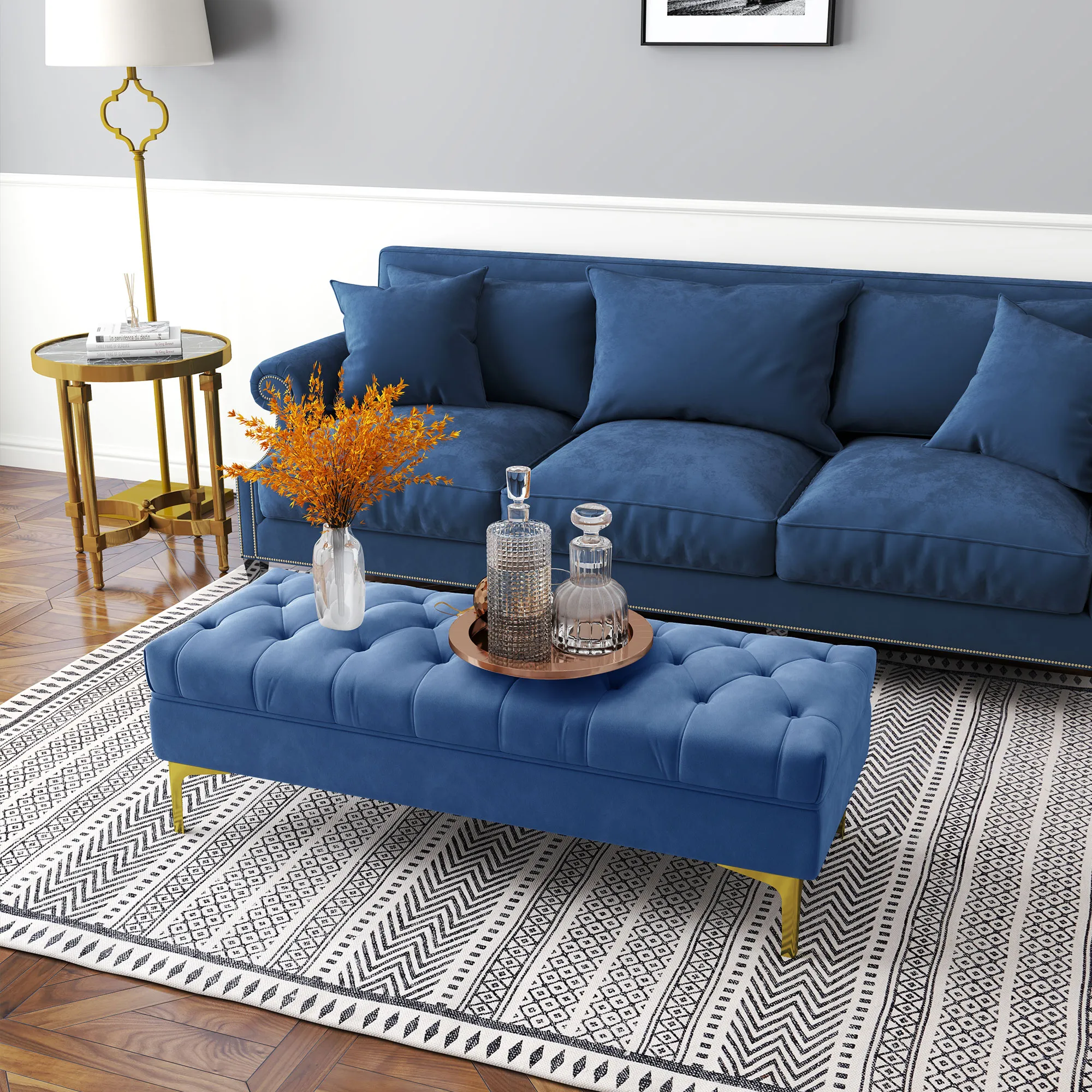Eleganter Polsterhocker 118x45x42 cm Blau-Gold