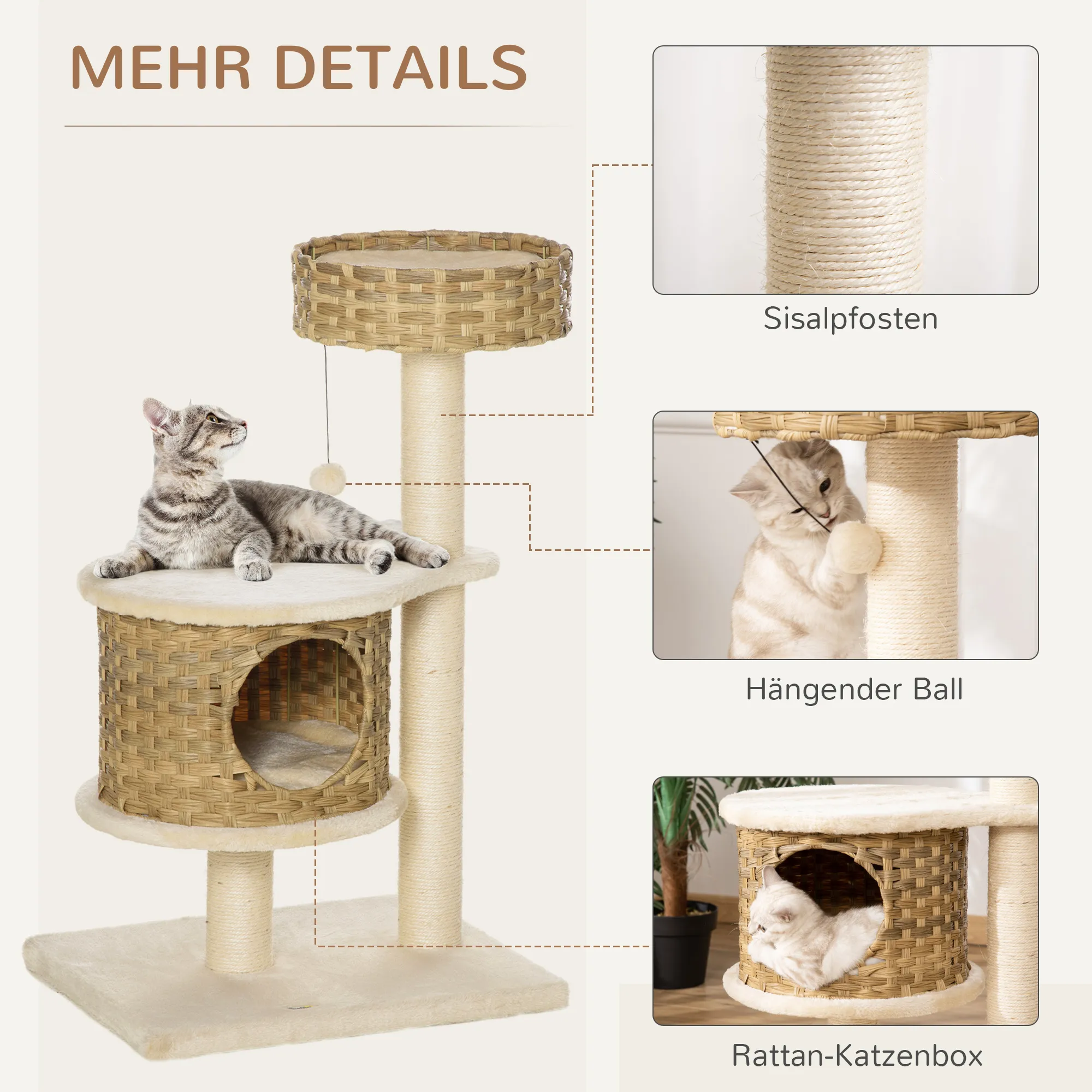Katzenkratzbaum Natur+Beige 55L x 47B x 95H cm