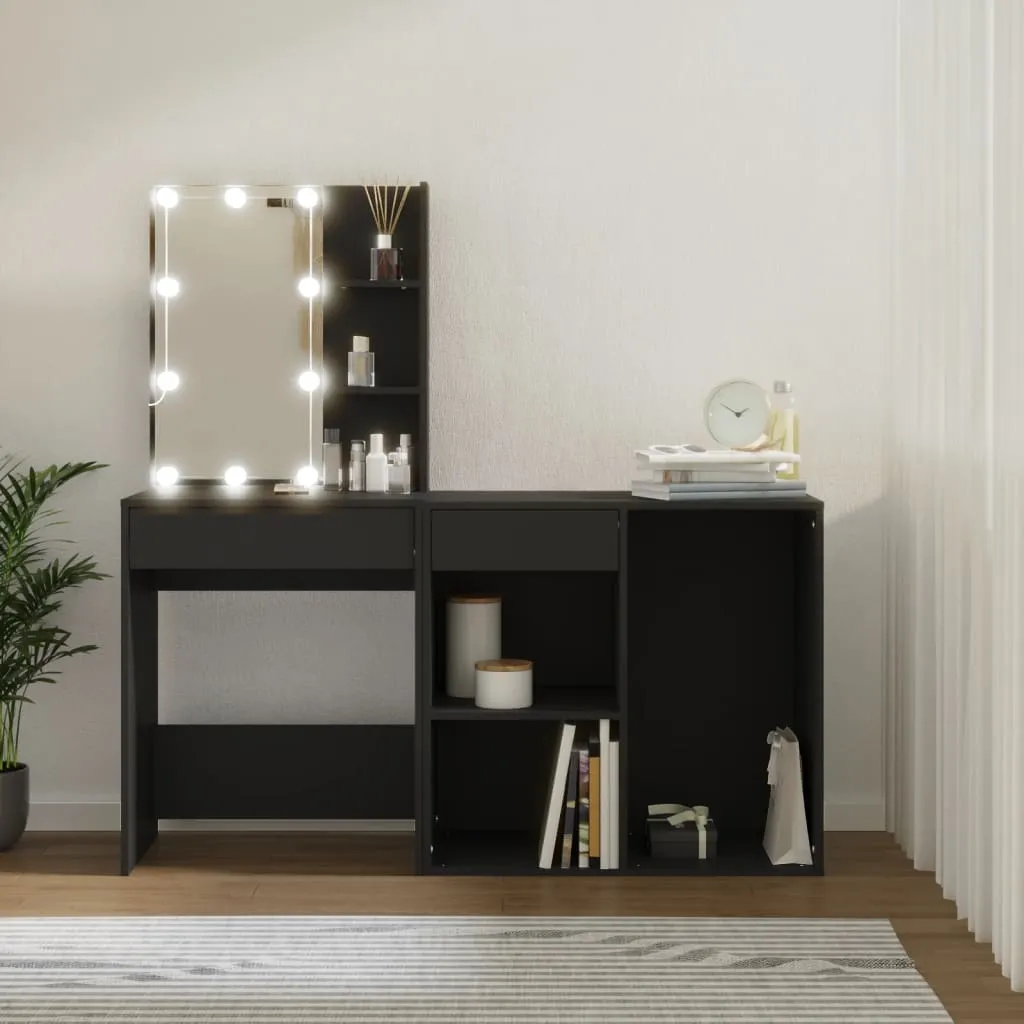 Schwarzes Schminktisch-Set mit LED-Beleuchtung, 60x40x140 cm & 80x40x75 cm