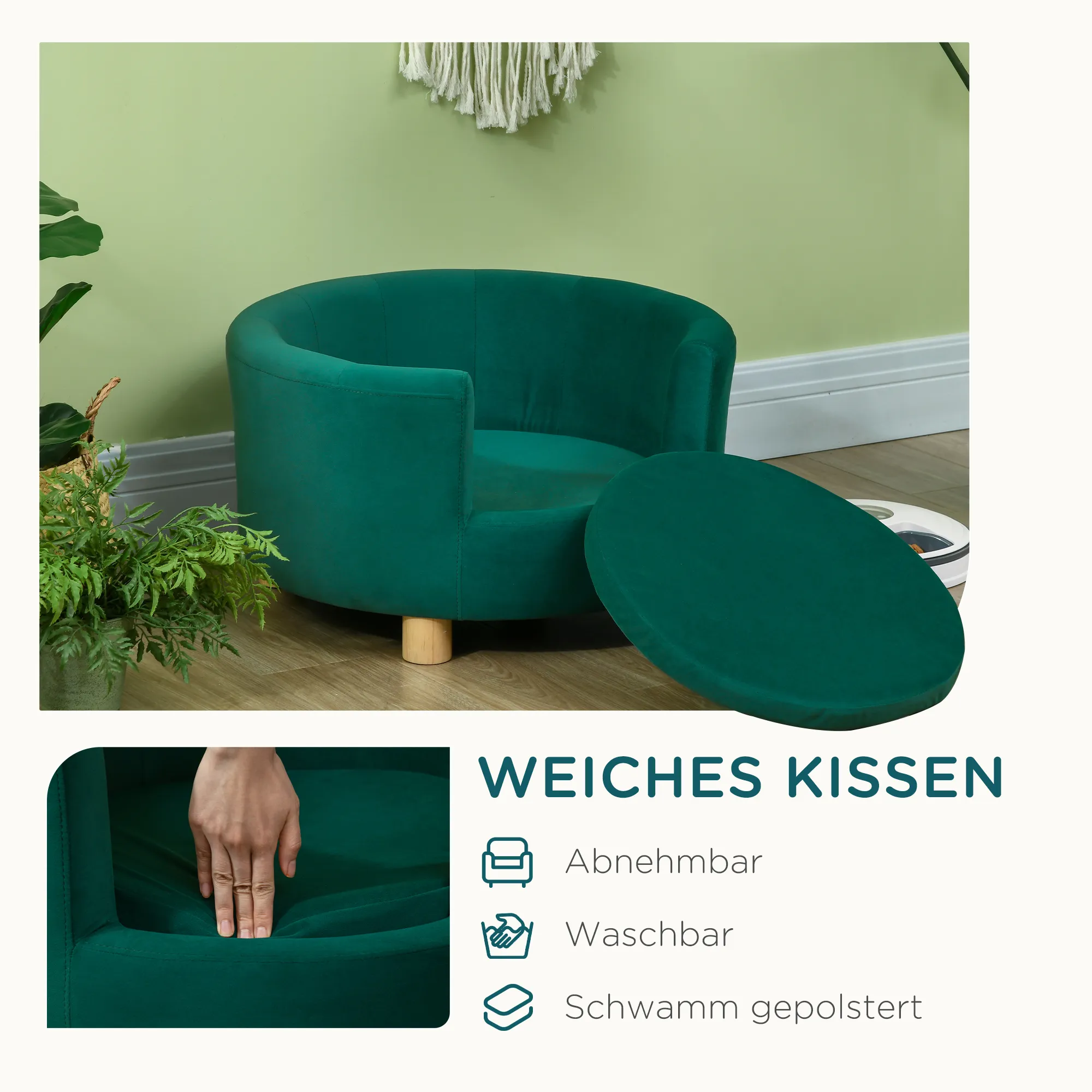 Hundesofa für kleine Hunde bis 4,5 kg mit Holzbeinen, Grün