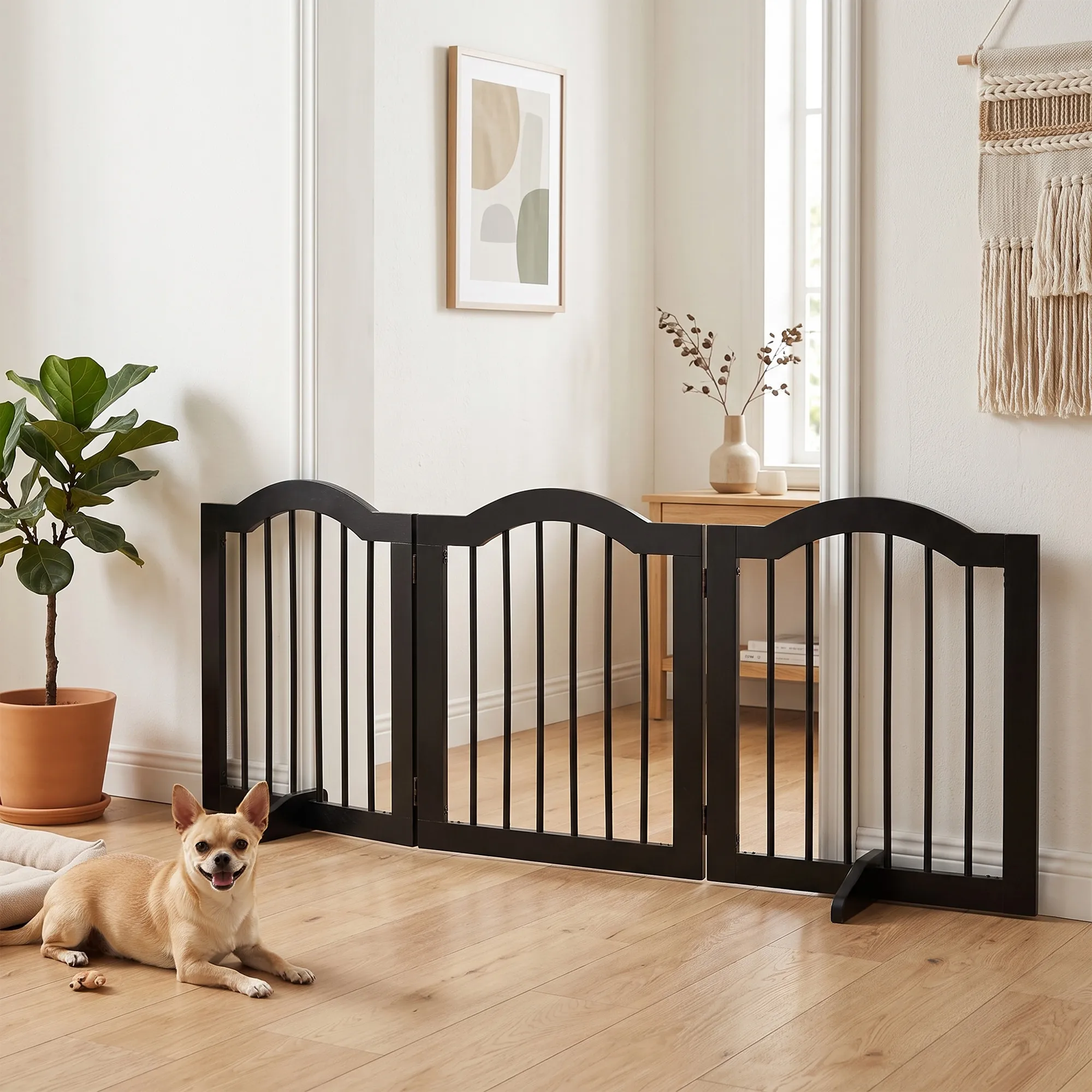 Hundegitter 3-teilig aus Holz, faltbar, 154,5 x 61 cm, Schwarz