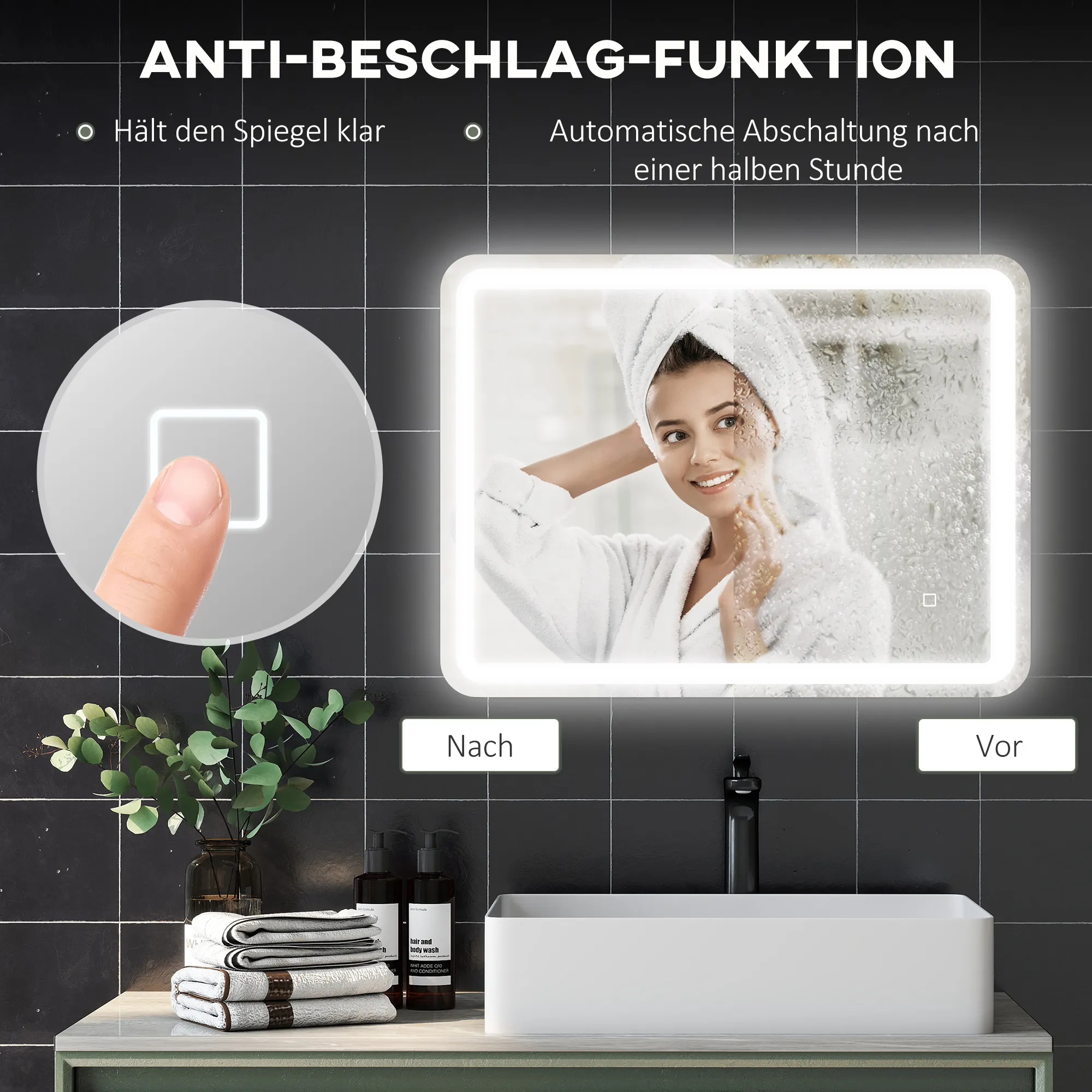 Badezimmerspiegel, beleuchtet, Touch-Steuerung, beschlagfrei, dimmbar, 3 Lichtfarben, 60 x 80, Silber