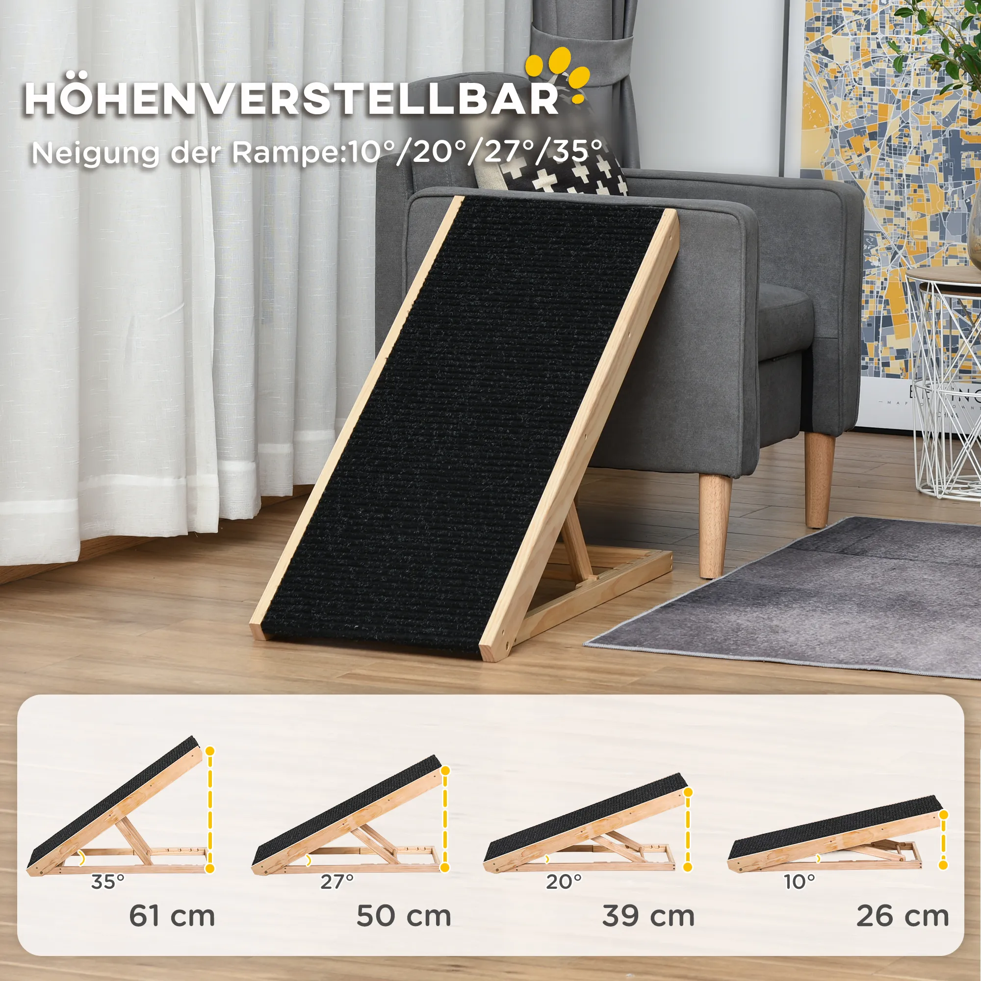 Haustierrampe aus Kiefernholz verstellbar, Schwarz+Naturholz 90cm