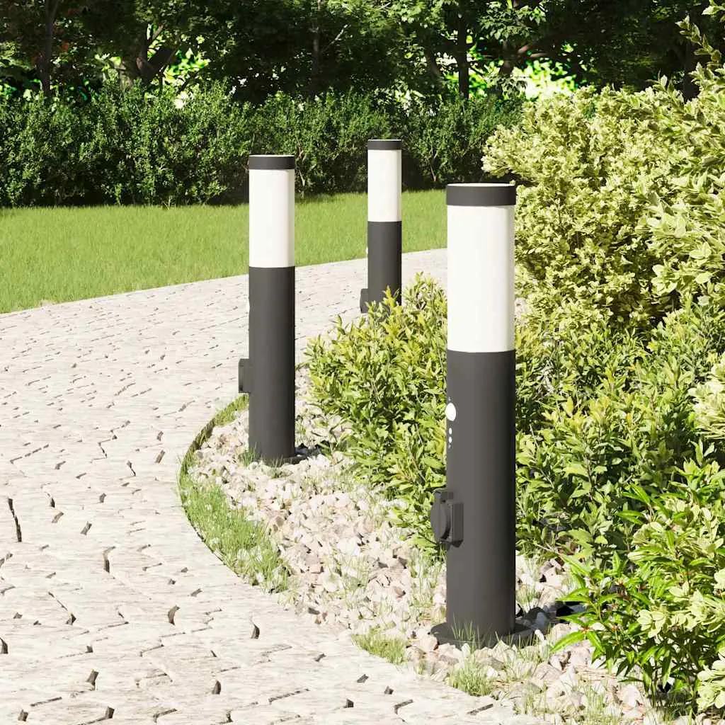 Schwarze Edelstahl Pollerleuchte 11x50 cm mit Bewegungssensor und Steckdose
