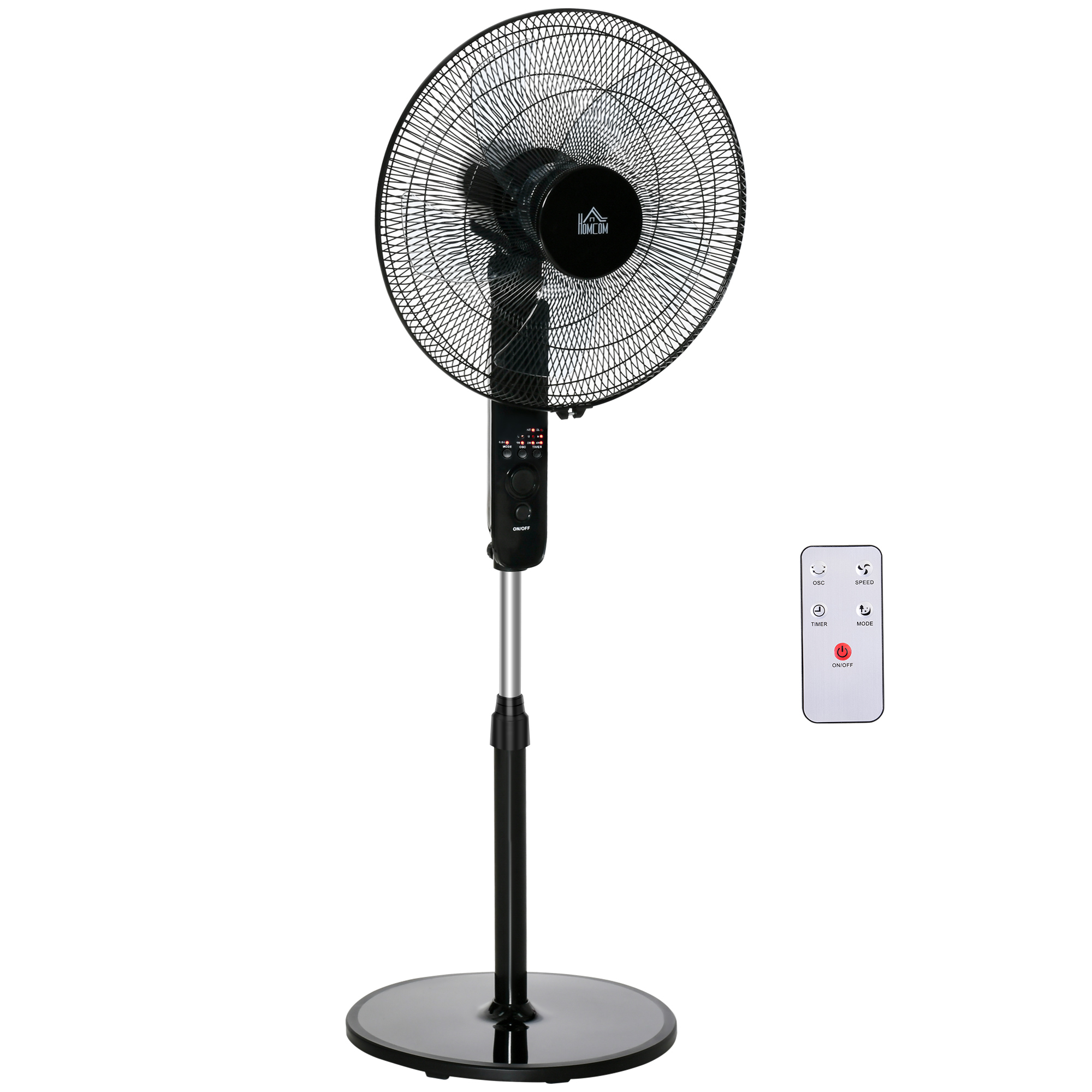 Standventilator mit Fernbedienung, Höhenverstellbarer Ventilator, 70° Oszillierender Lüfter, 3 Geschwindigkeitsstufen, Verstellbarer Neigungswinkel, 7,5h Timer, Ø44,5 x 110-124 cm, Schwarz