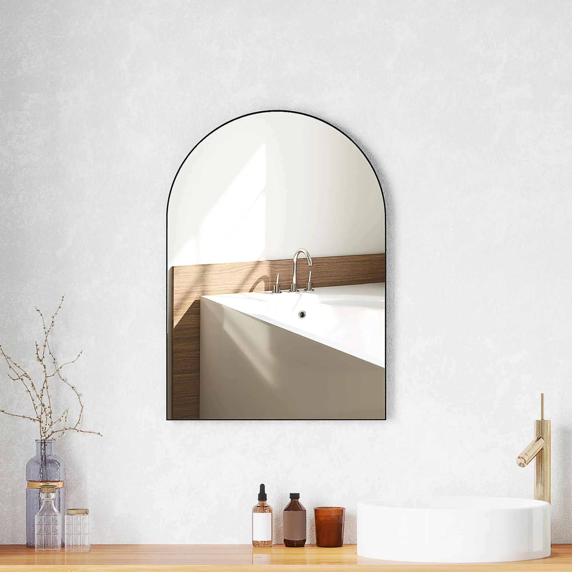 Gebogener Badezimmerspiegel, 50 x 70 cm, Bad-Spiegel mit Aluminium-Rahmen, Deko-Spiegel, Küche, Schwarz