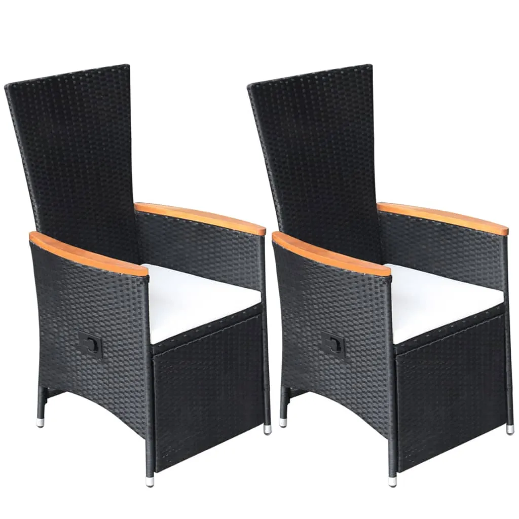 2er Set Rattan-Liegestühle Schwarz 58x62x108 cm mit Echtholz-Armlehnen