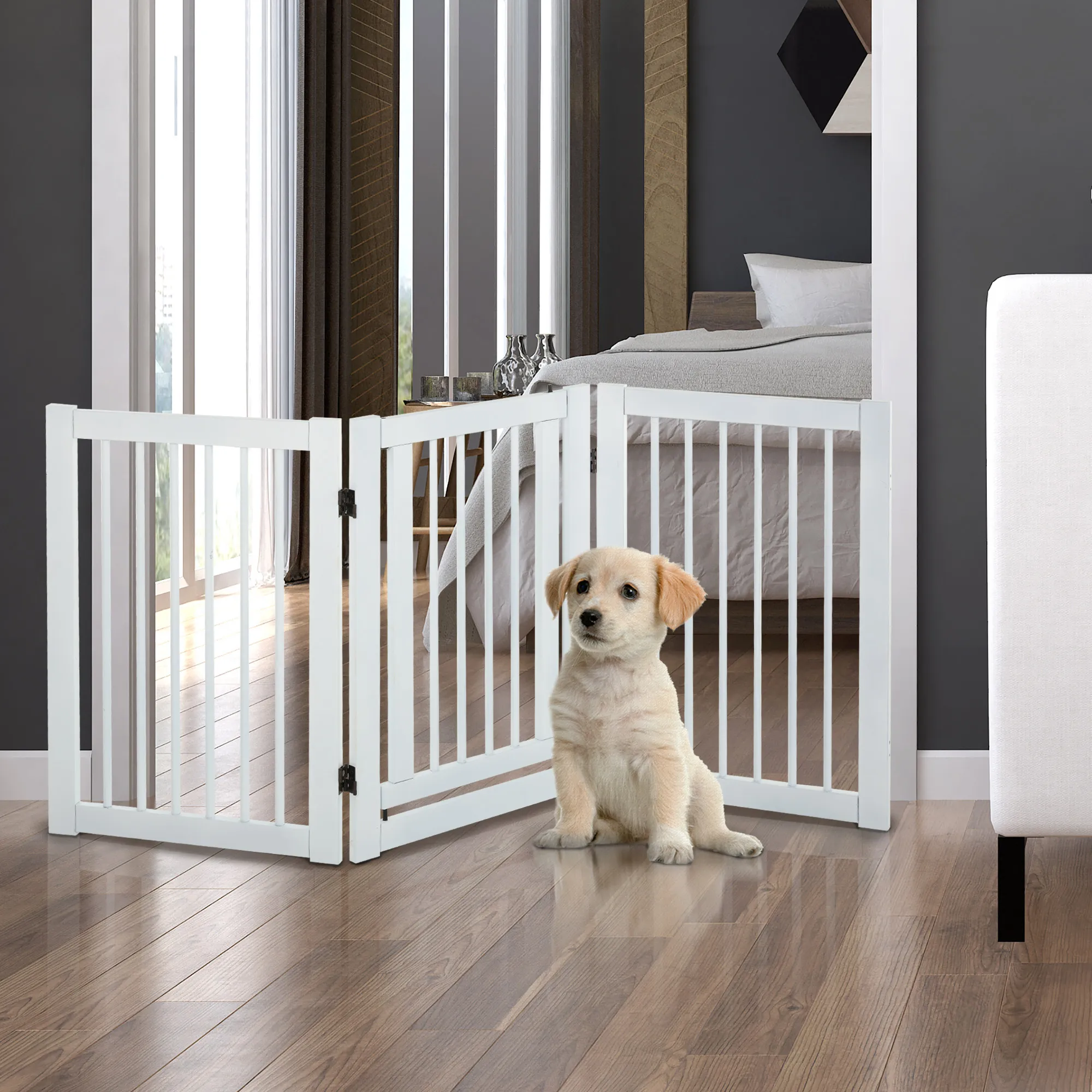 Hundegitter freistehend aus MDF, klappbar, 155 x 76 cm, Weiß
