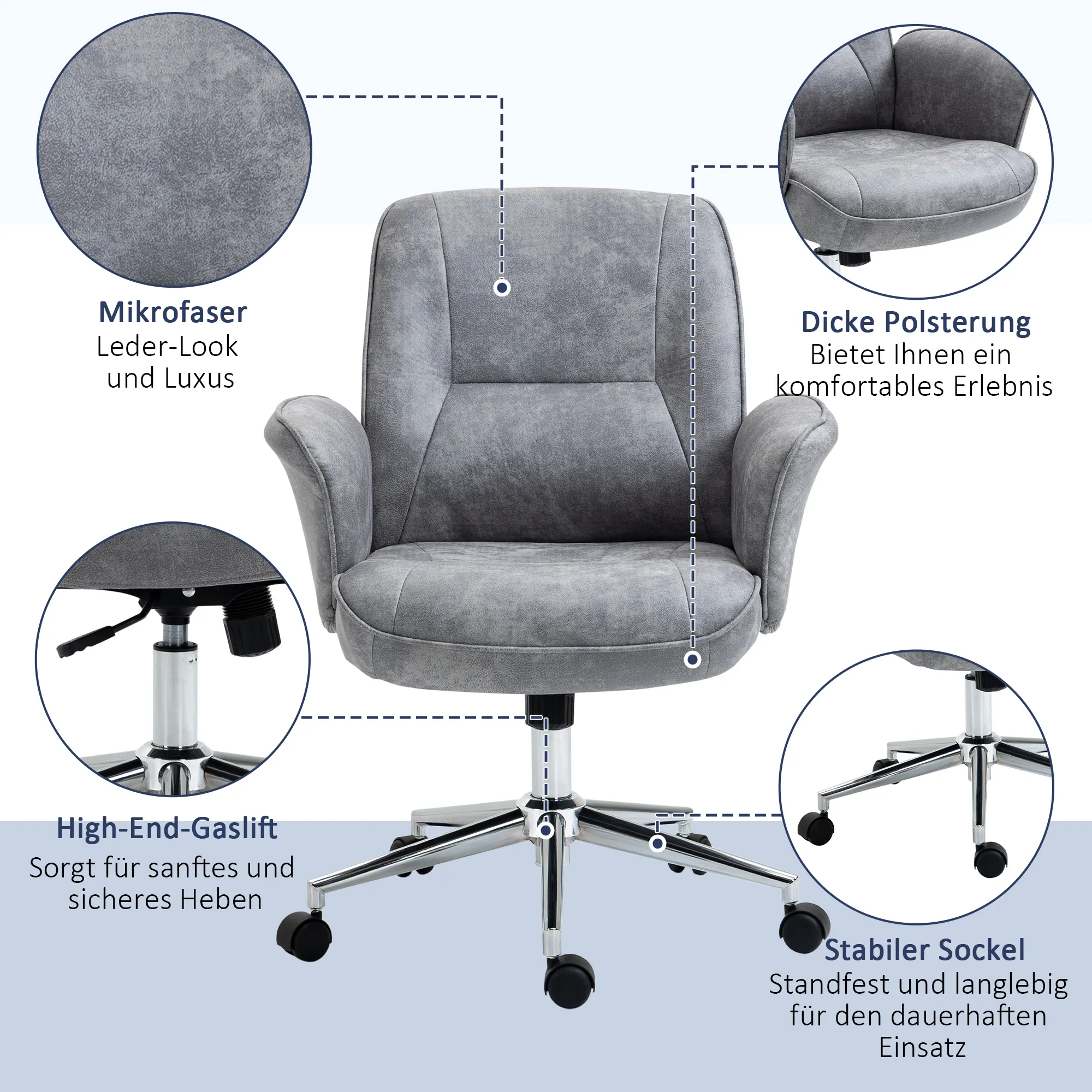Bürostuhl mit Wippfunktion Schreibtischstuhl höhenverstellbarer Drehstuhl ergonomischer Arbeitsstuhl modern Belastbar bis 120 kg Mikrofaser Hellgrau 67 x 69 x 92-102 cm