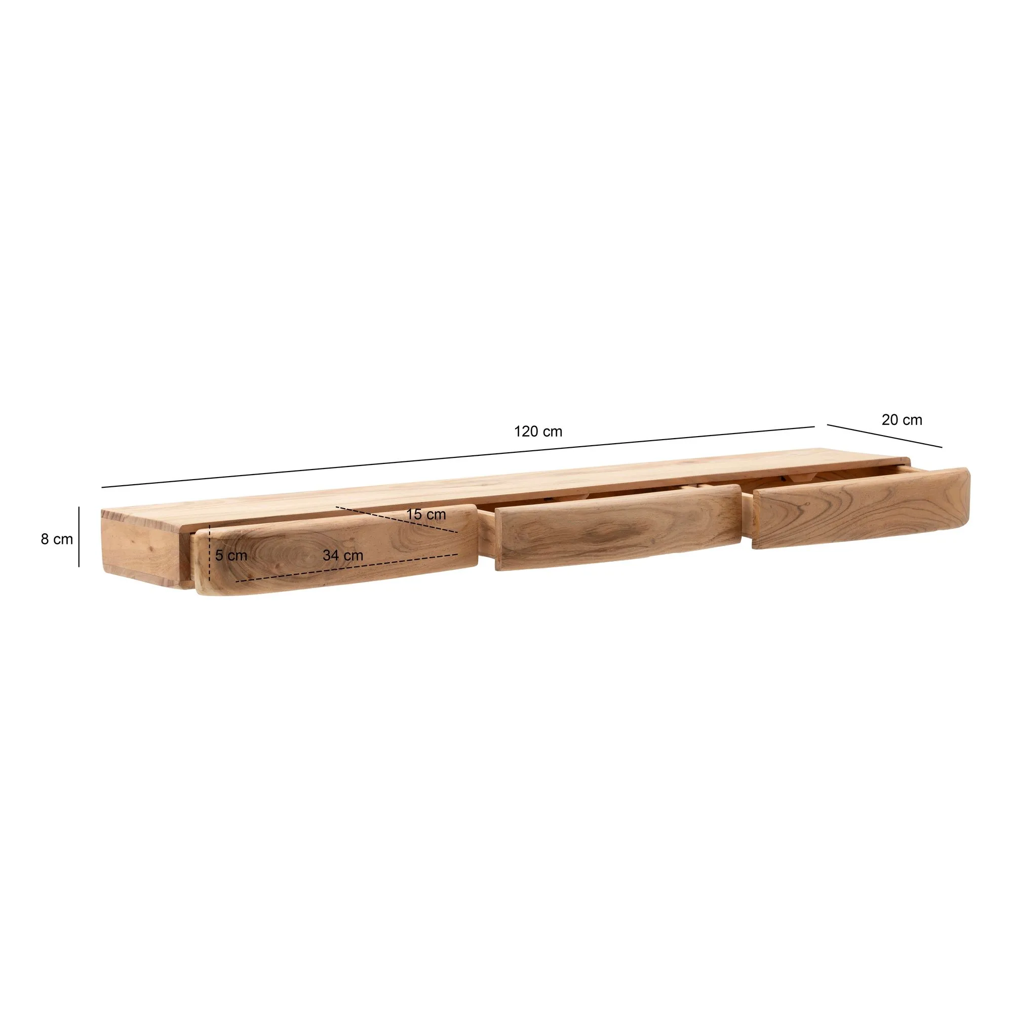 Wandregal Akazie Massivholz 120cm mit drei Schubladen - Design Regal für die Wand - Holz Wandboard mit Stauraum - Schwebendes Hängeregal aus Echtholz