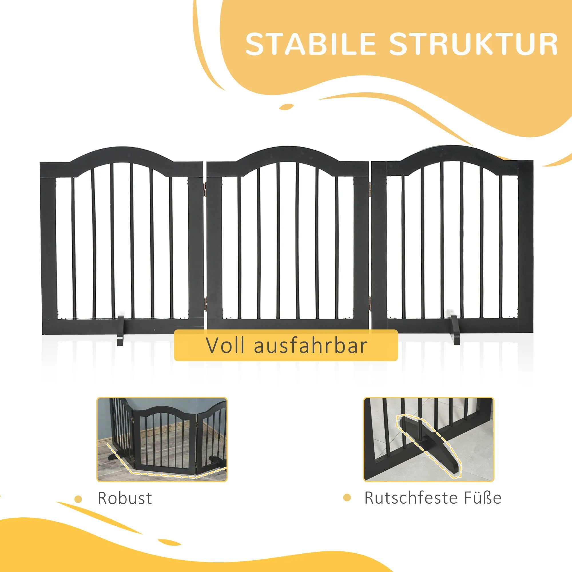 Hundegitter 3-teilig aus Holz, faltbar, 154,5 x 61 cm, Schwarz