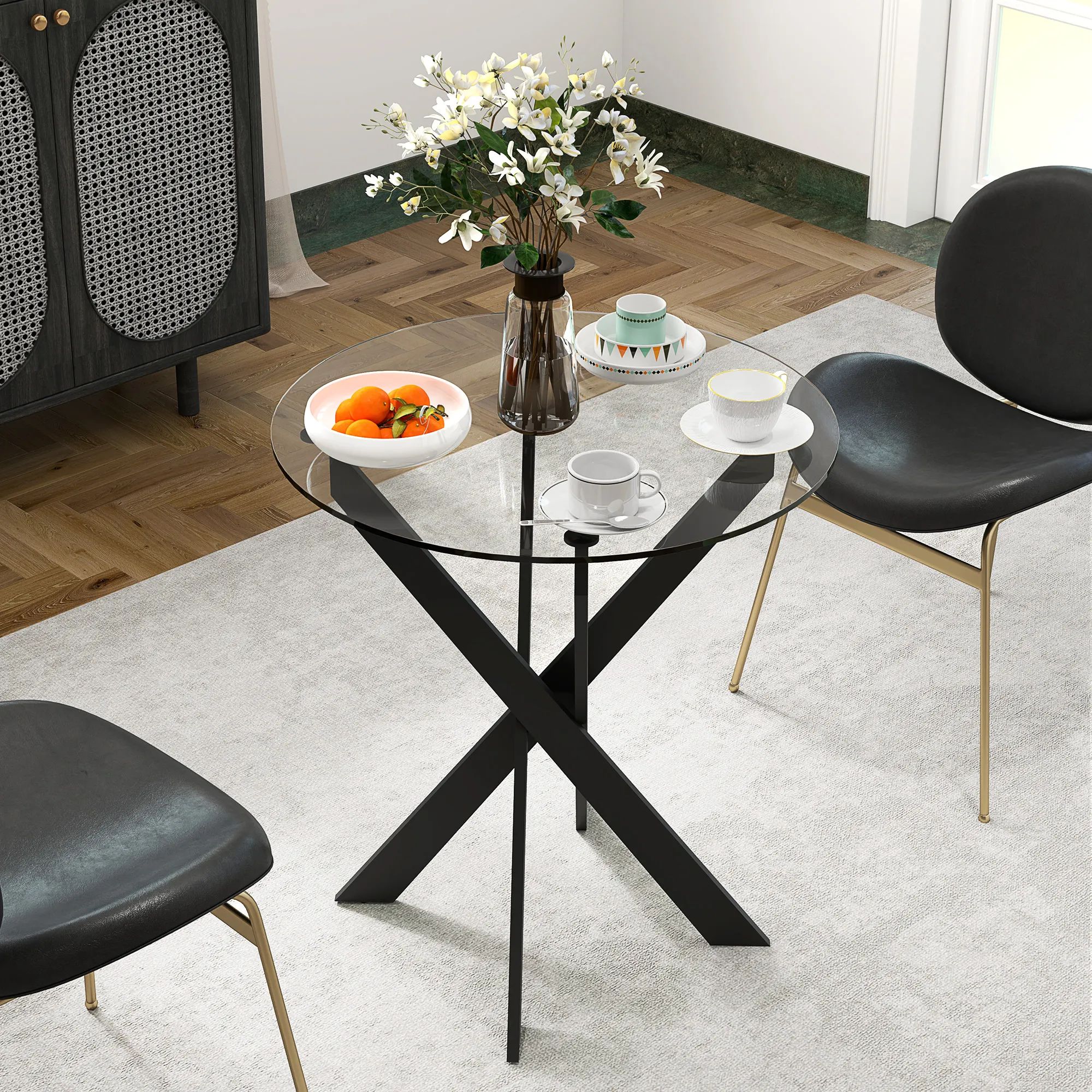 Moderner Glas-Esstisch, 70 cm Durchmesser, Küchentisch mit gehärteter Glasplatte und Metallbeinen, für 4 Personen