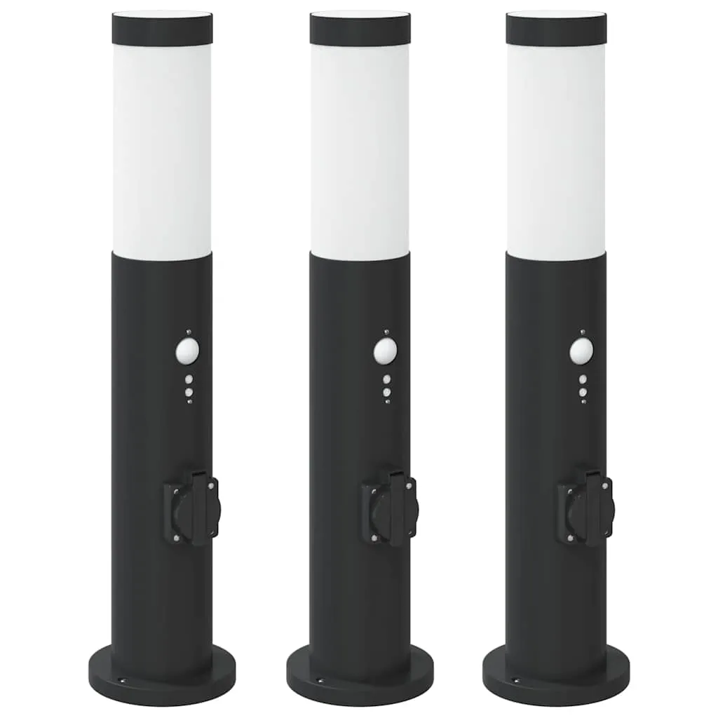 Schwarze Edelstahl Pollerleuchte 11x50 cm mit Bewegungssensor und Steckdose