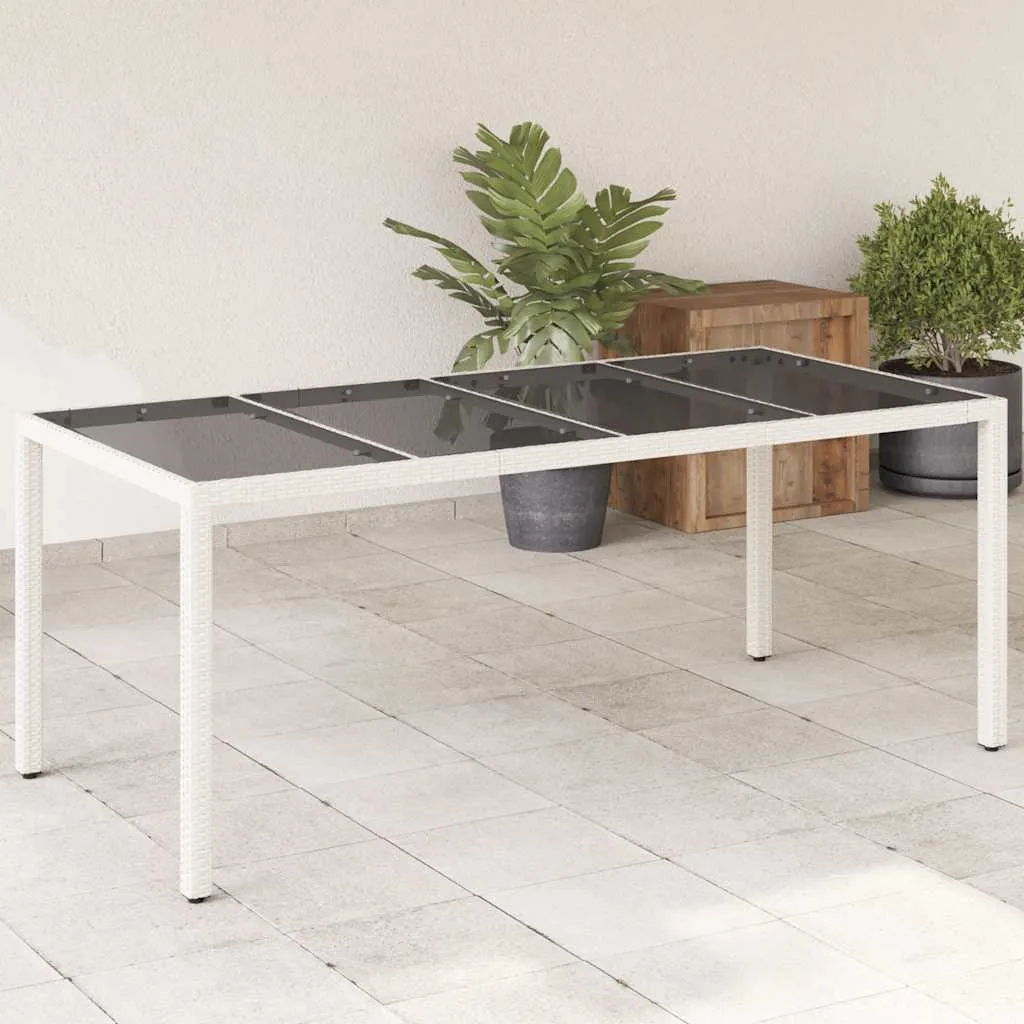 Gartentisch 190 x 90 x 75 cm Weiß aus PE-Rattan mit Glasplatte
