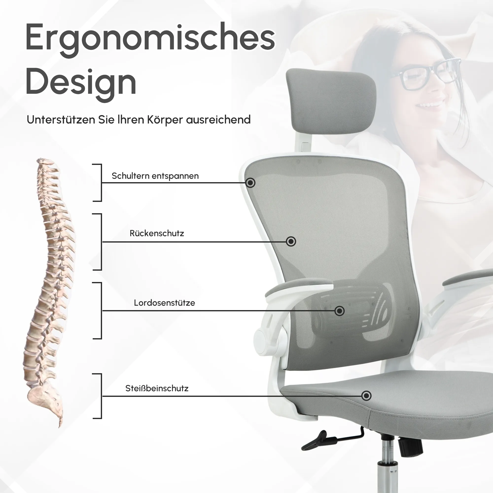 Ergonomischer Bürostuhl Grau 65B x 64T x 114-122H cm