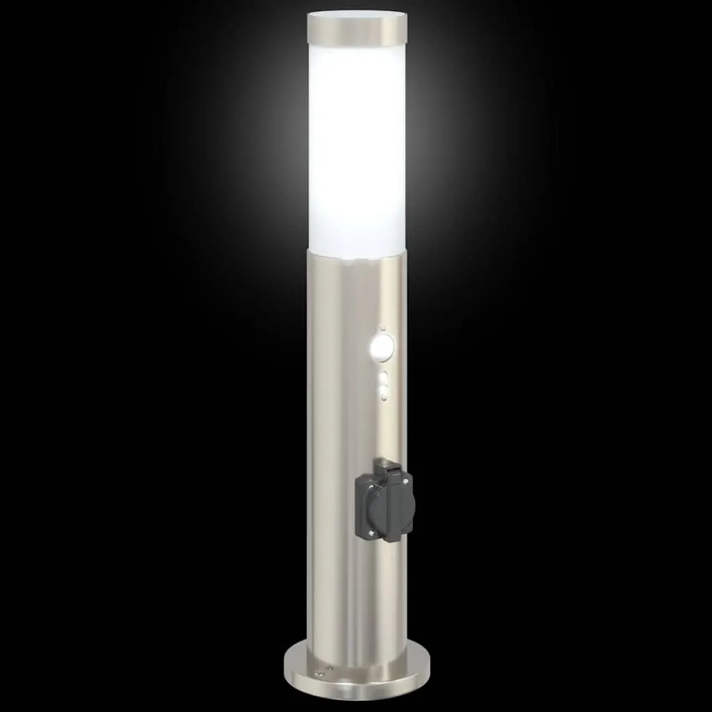 Silberne Edelstahl Pollerleuchte 11x50 cm mit Bewegungssensor und Steckdose