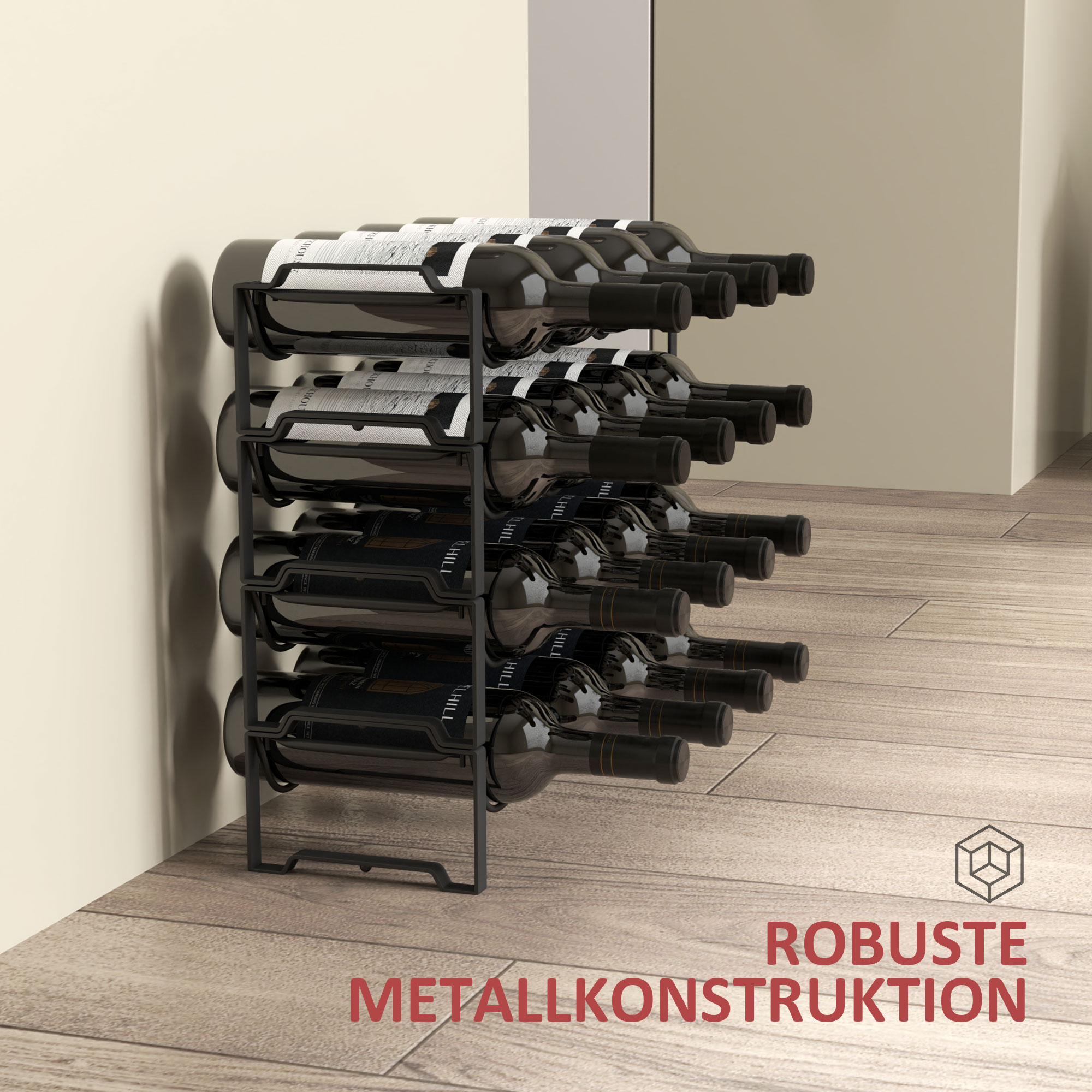 Weinregal Schwarz 42,5B x 16,5T x 41H cm für 16 Flaschen