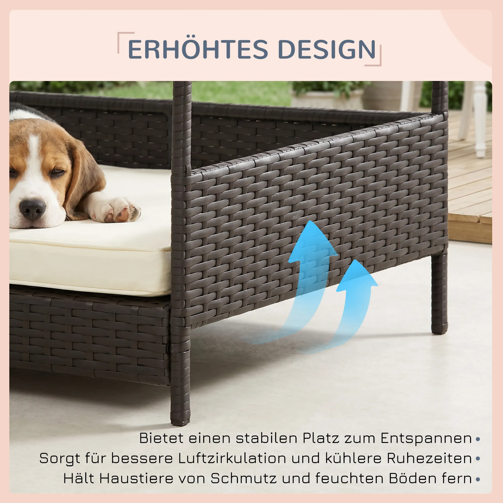 Hundeliege Outdoor mit Dach aus PE Rattan, 69 x 98 x 70 cm, Braun