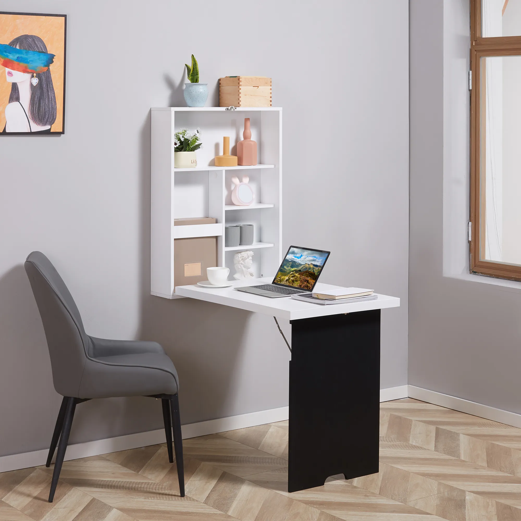 Platzsparendes Wandregal mit Klapptisch 60L x 94,5B x 147H cm Schwarz+Weiß