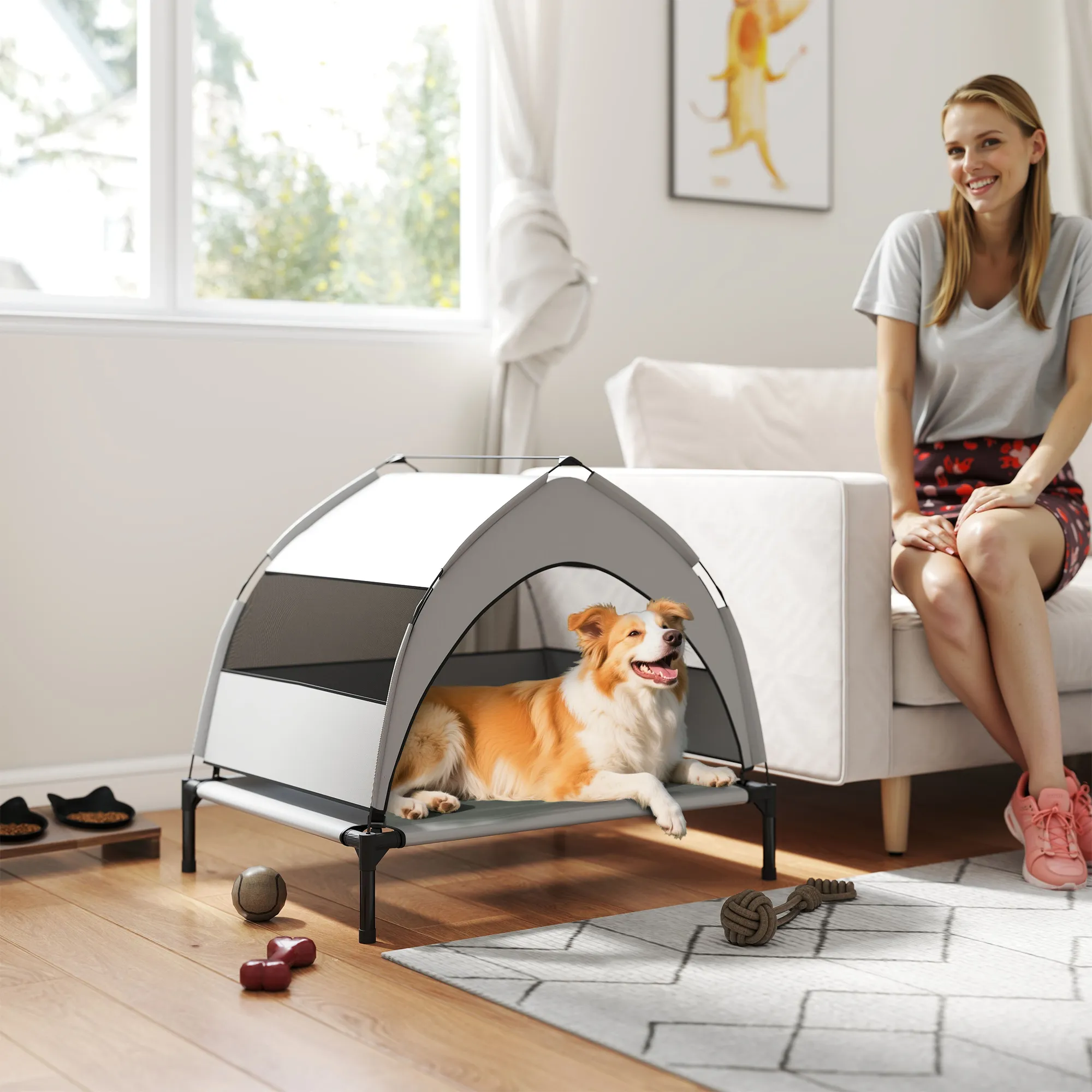 Hundebett Outdoor erhöht mit Dach, Stahlrahmen, 76x61x70cm, Hellgrau