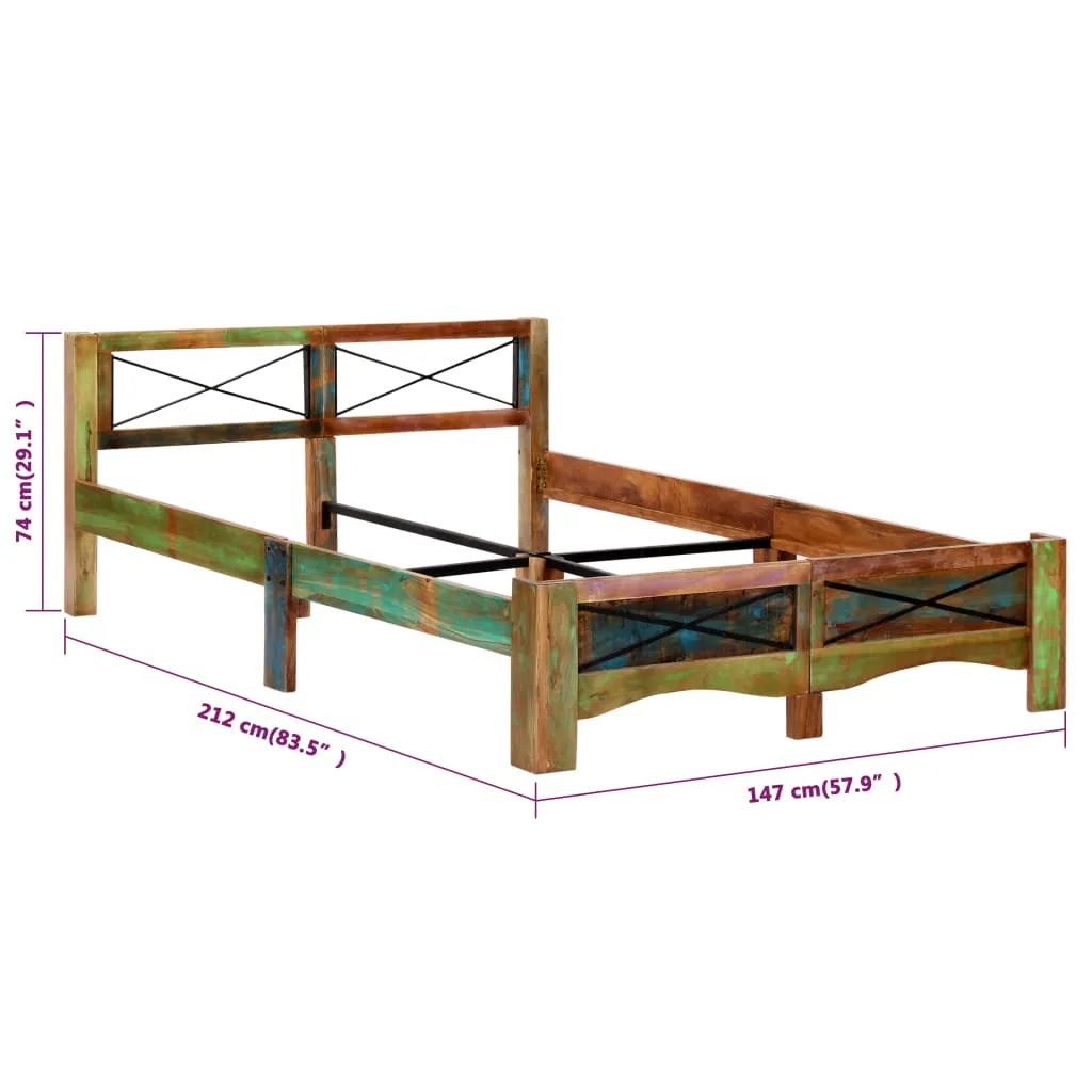 Vintage Bett aus massivem Altholz, 147 x 212 x 74 cm, poliert und lackiert
