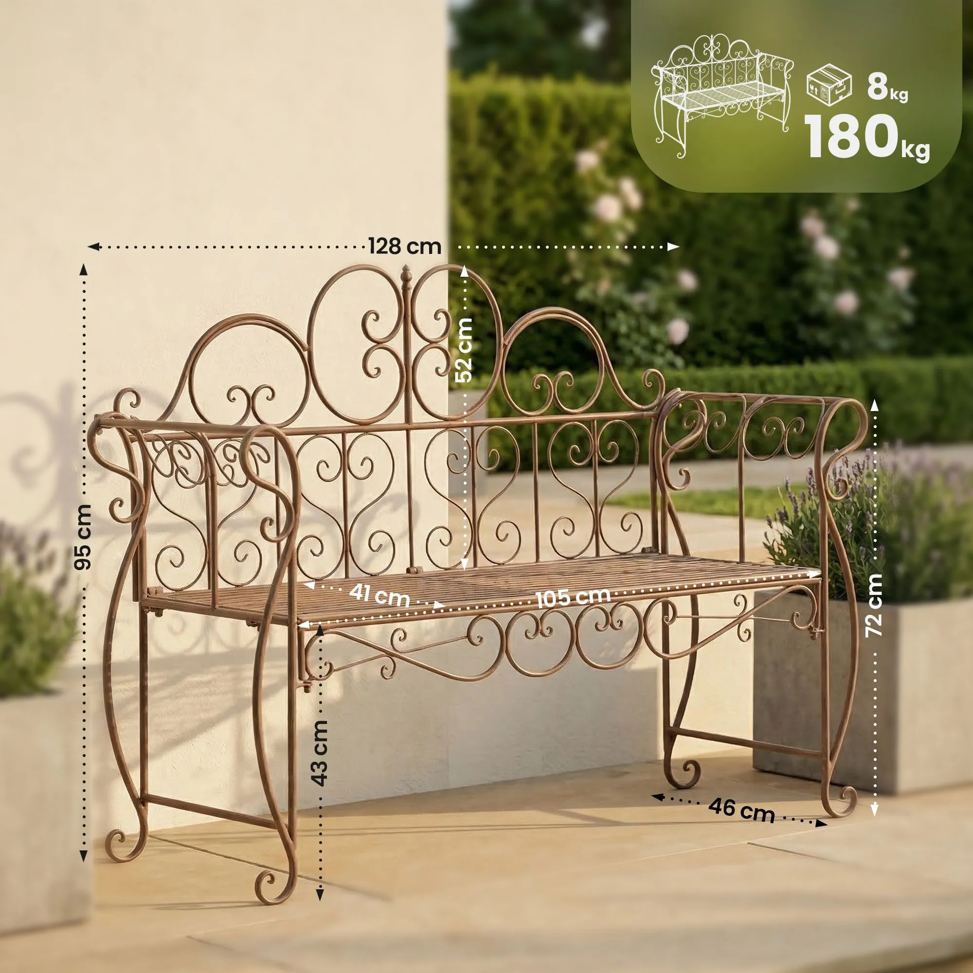 Gartenbank Minna 128x46x94 cm antik braun