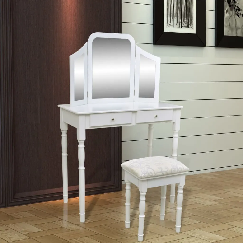 Schminktisch-Set Weiß Massivholz 80x40,5x74,5 cm mit Hocker