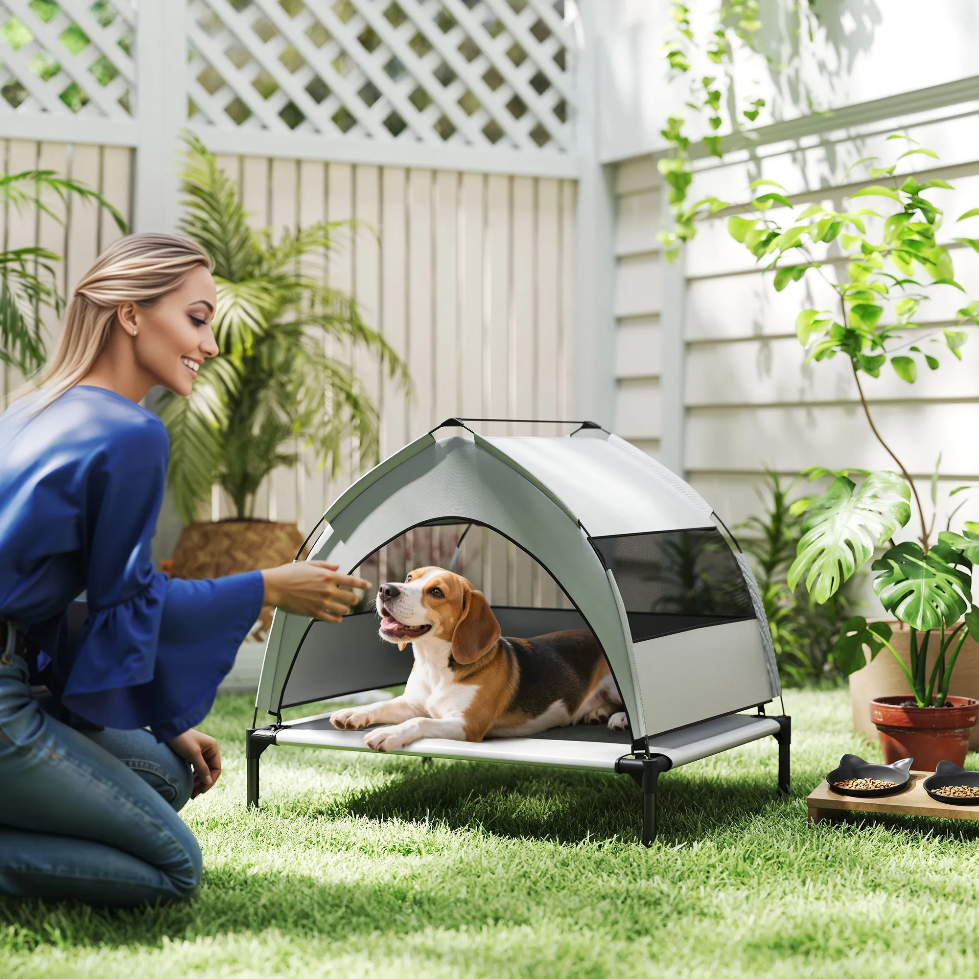 Hundebett Outdoor erhöht mit Dach, Stahlrahmen, 76x61x70cm, Hellgrau