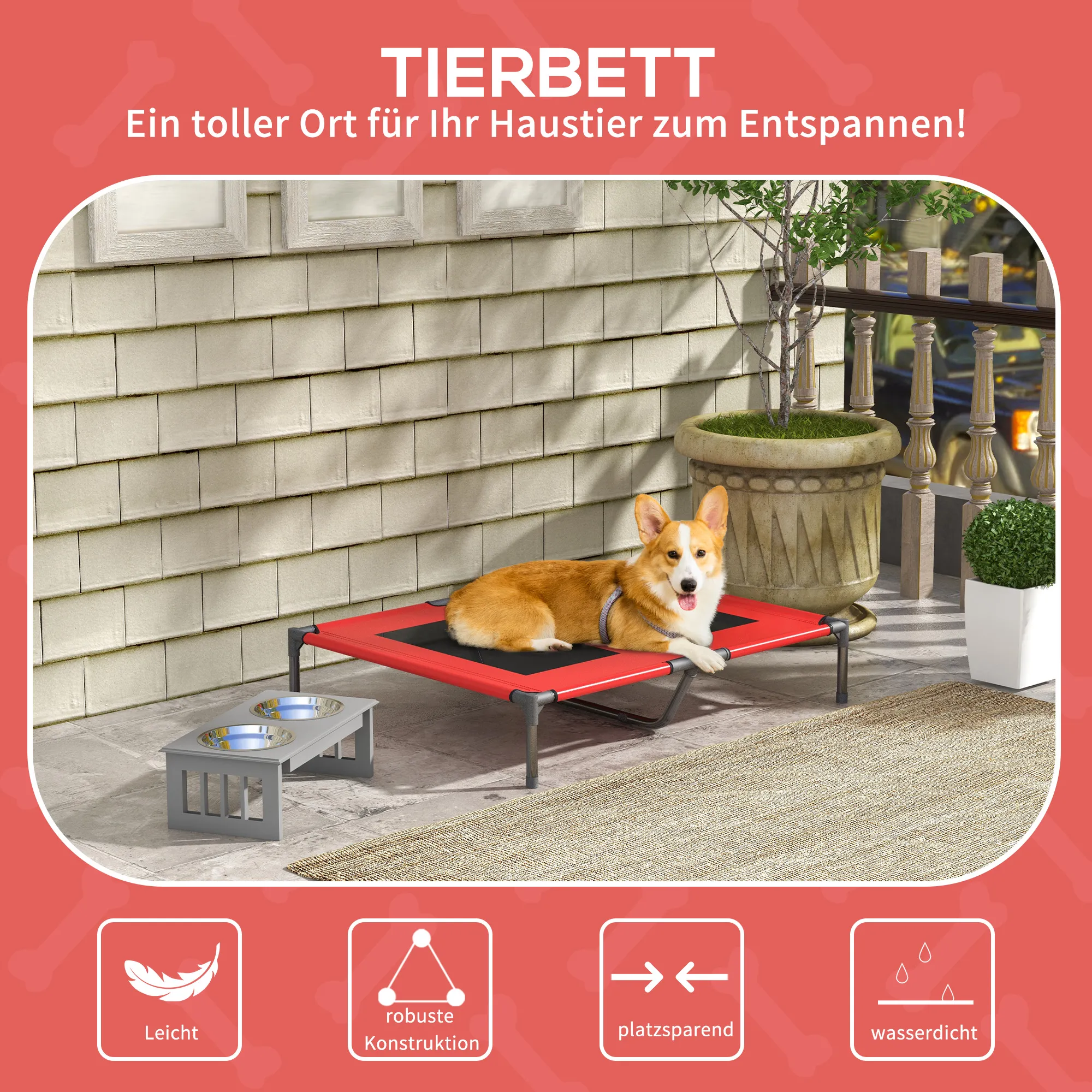Hundebett erhöht wetterfest Oxford-Gewebe 92x76x18cm Rot