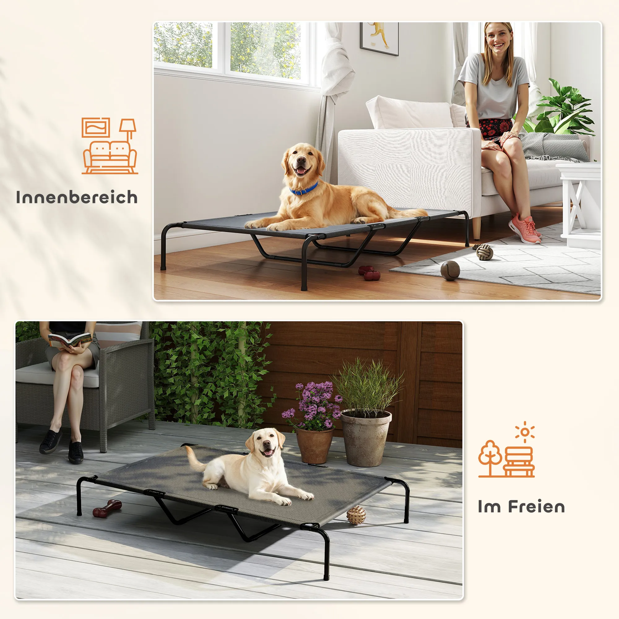Hundebett Outdoor erhöht für große Hunde, Stahl, 152x94x23 cm, Grau