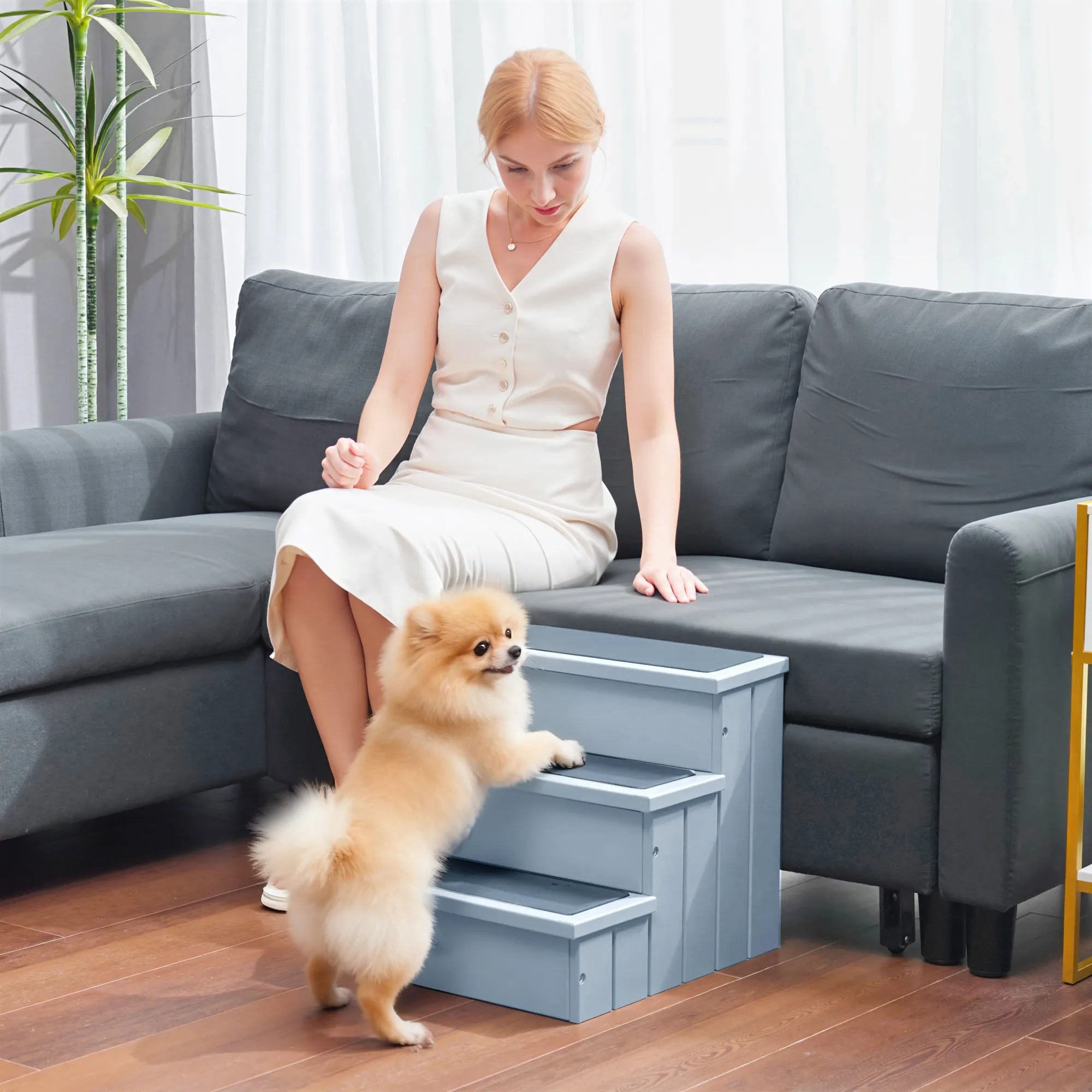 Hundetreppe mit Stauraum aus Tannenholz, 3 Stufen, Grau, 38 cm hoch