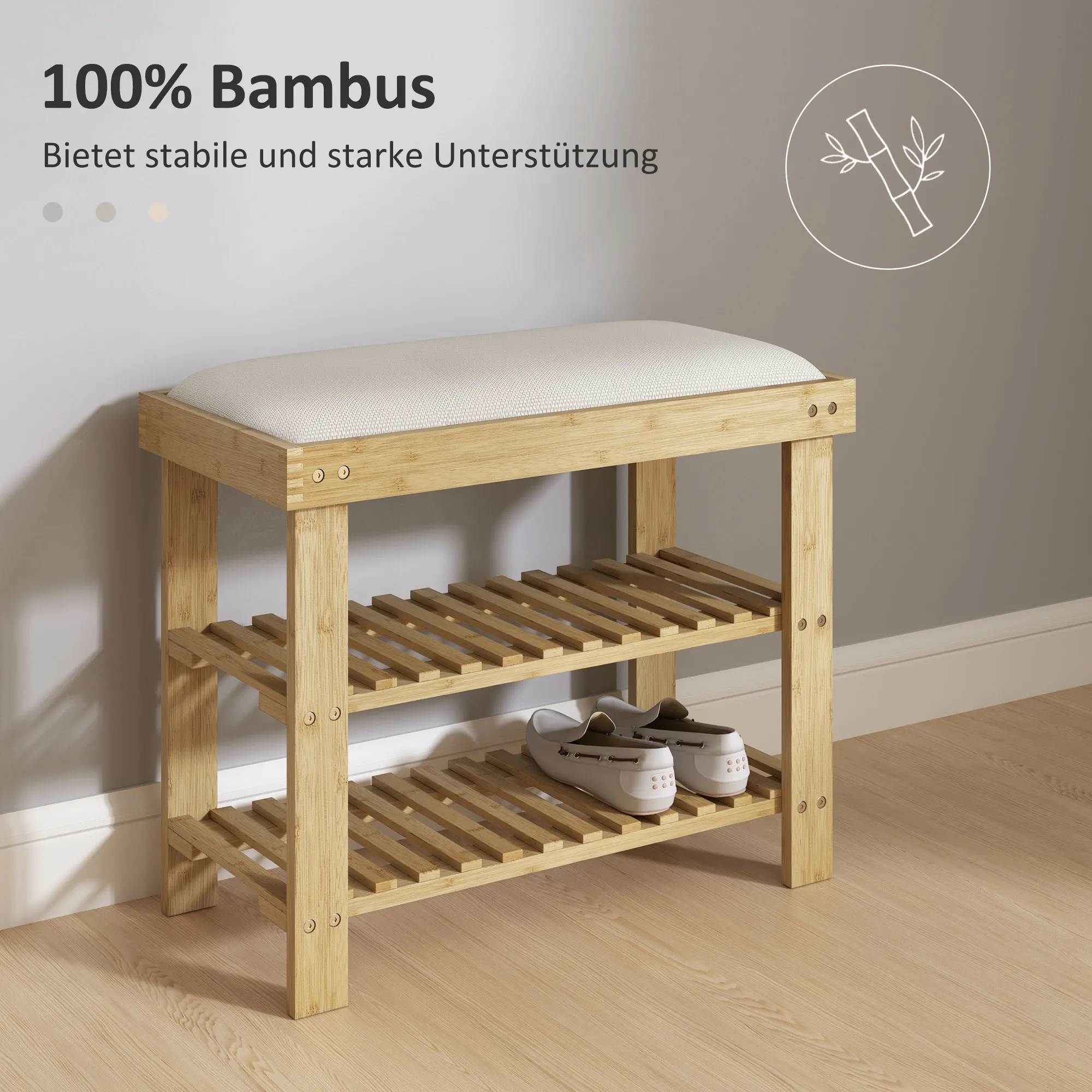 Schuhbank mit Sitzfläche, Bambus Sitzbank mit Stauraum, 2 offene Fächer, Sitzbank 60 x 29 x 49 cm Cremeweiß
