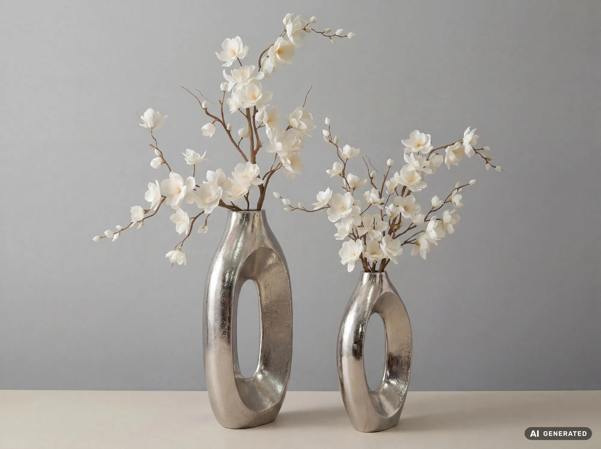 Dekovase 2er Set Metall Silber - Design Blumenvase Groß - Metallvase Modern - Standvase für Blumen und Trockenblumen Hoch - Wohnzimmer Deko - Wohndeko Handmade