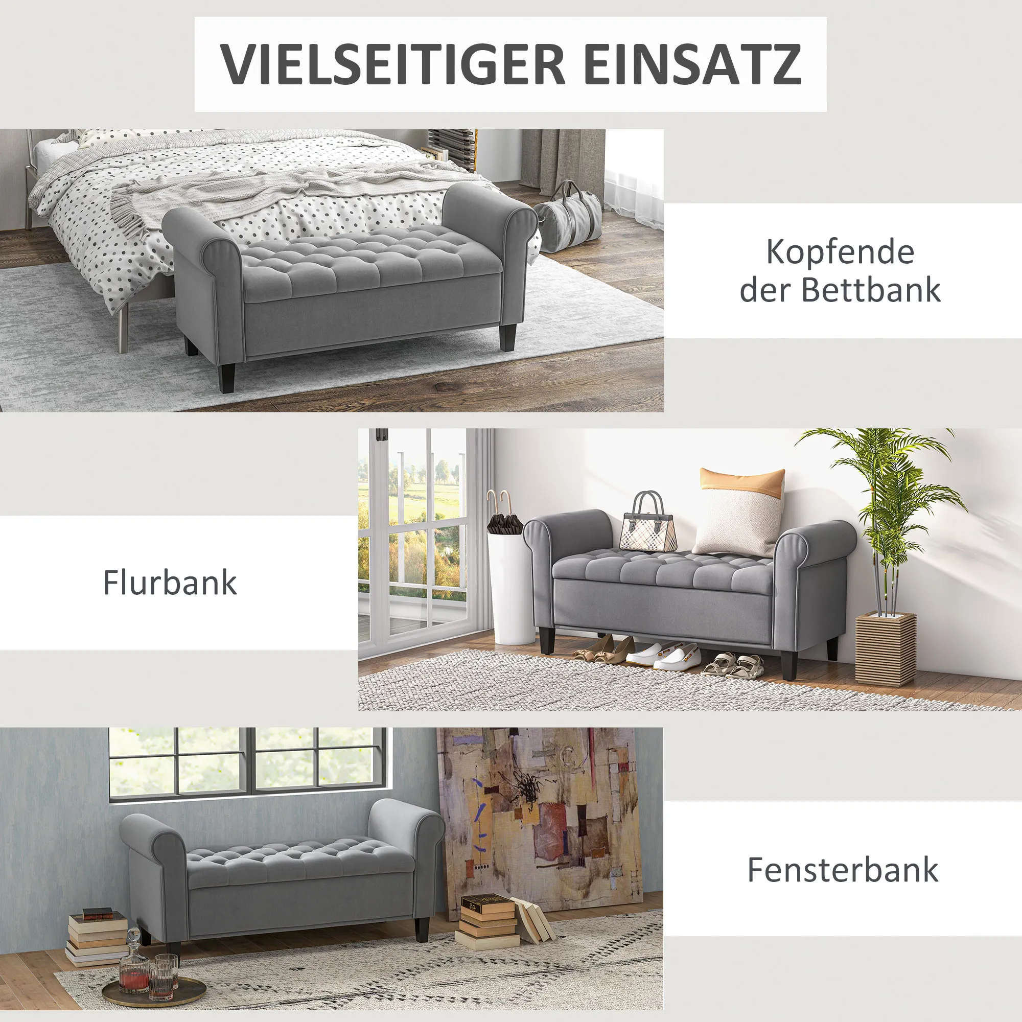 Sitzbank Polsterbank Bettbank, Knopfheftung, Samtoptik, 126 cm x 48,5 cm x 57 cm, Grau