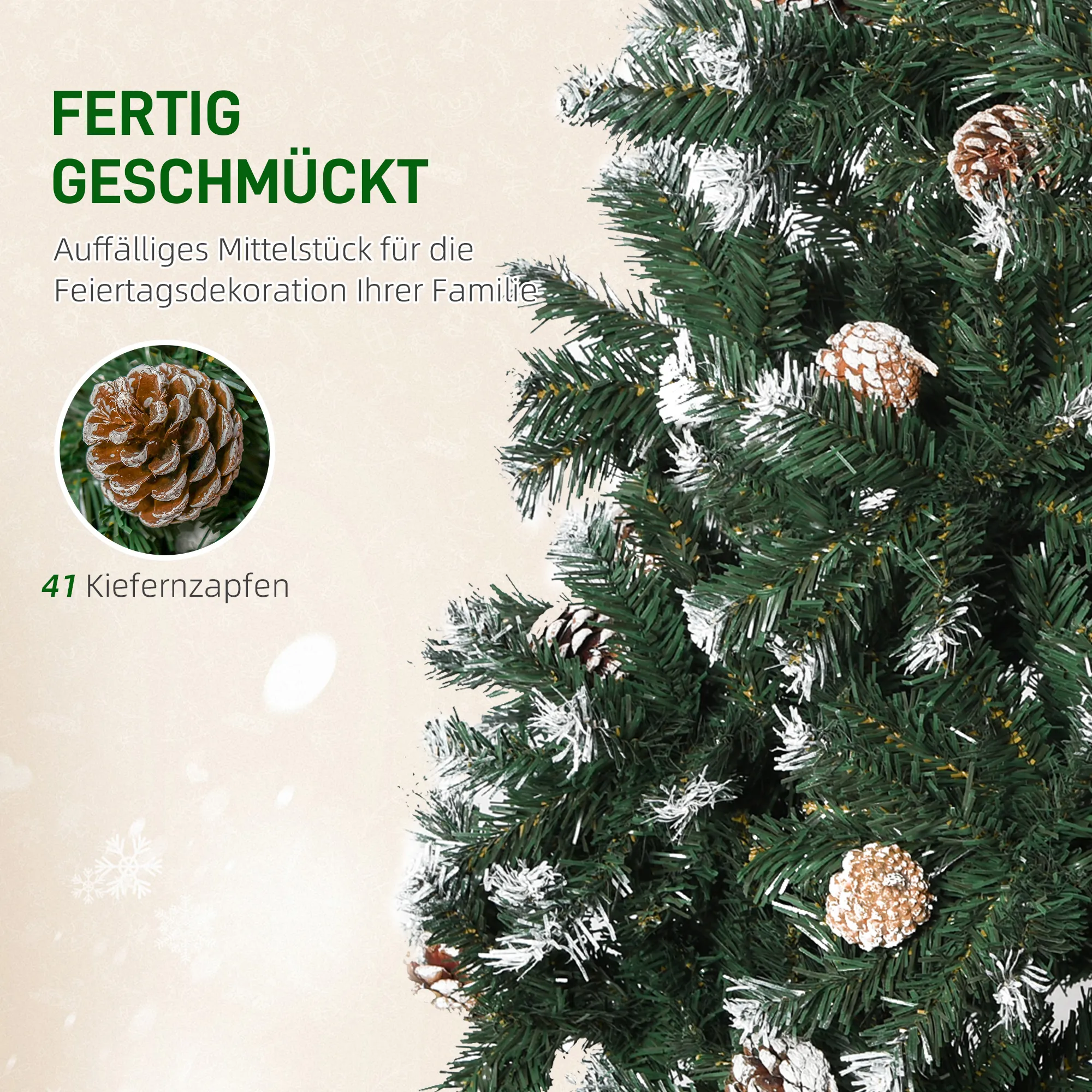 Künstlicher Weihnachtsbaum, 676 Zweige, 41 Zapfen, verschneite Spitzen, feuerfest, 180 cm