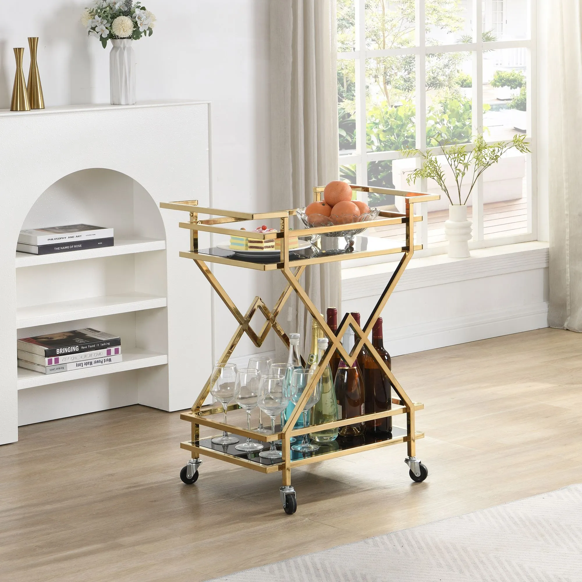 Servierwagen Gold mit Glasablagen 65x80x40 cm