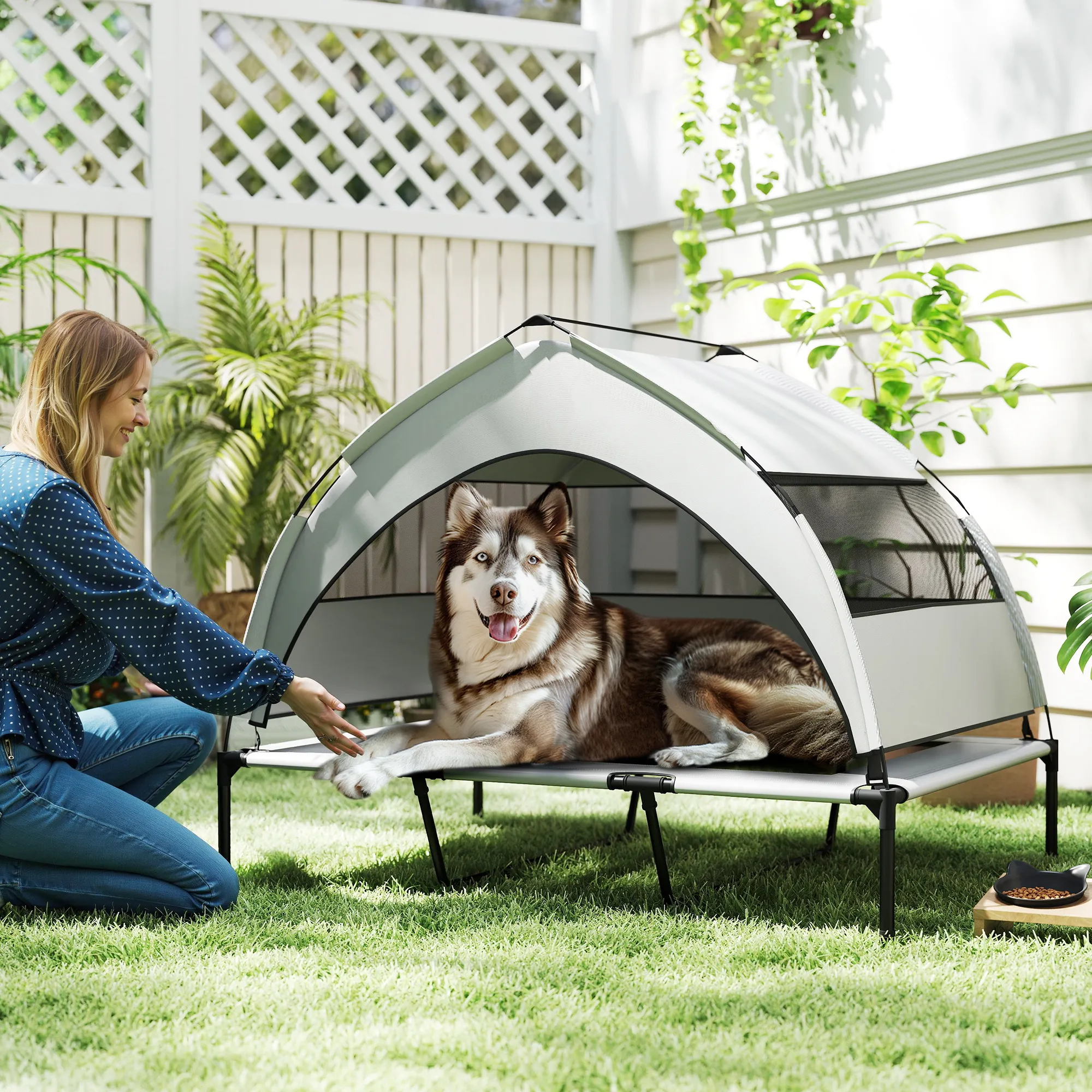 Hundebett Outdoor mit Dach, erhöht, Stahlrahmen, 122x92x94cm, Grau
