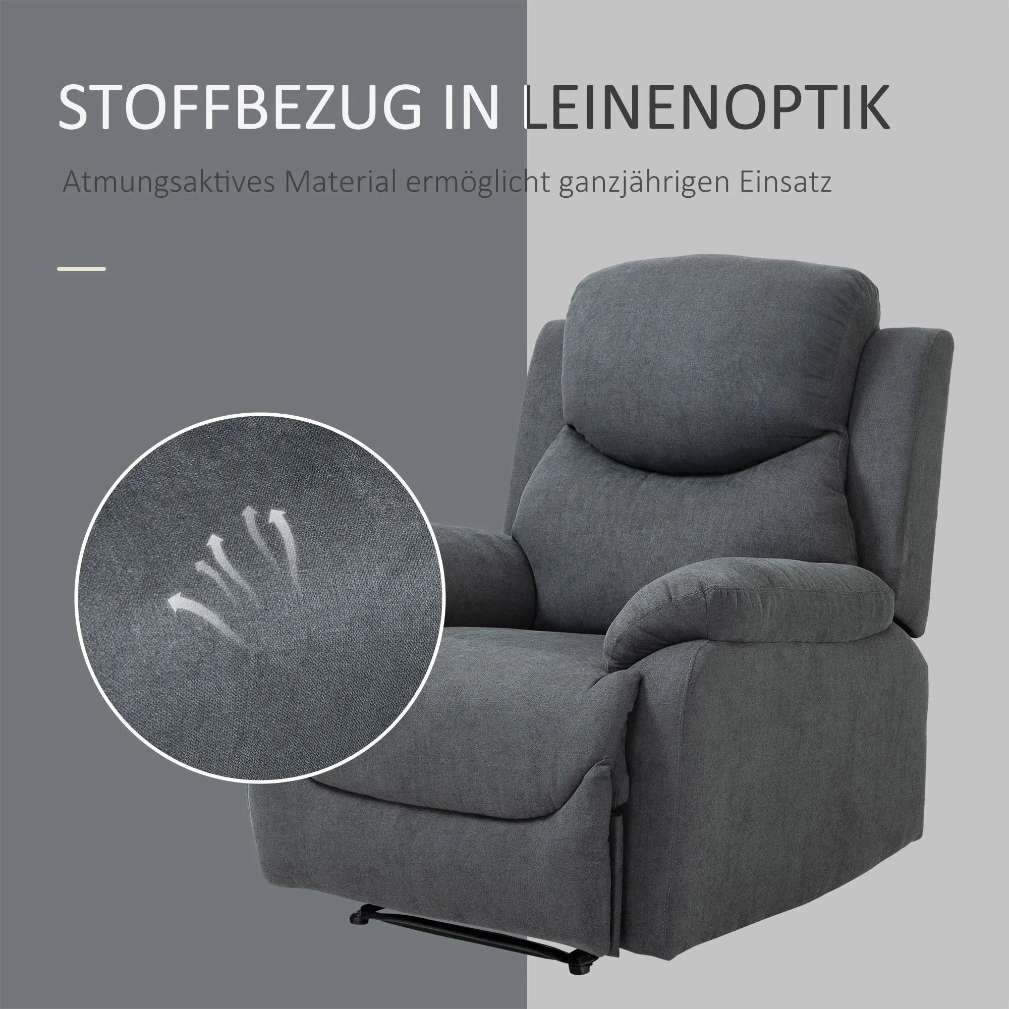 Sessel mit Liegefunktion für Wohnzimmer, 150° neigbar, Leinenoptik, Dunkelgrau