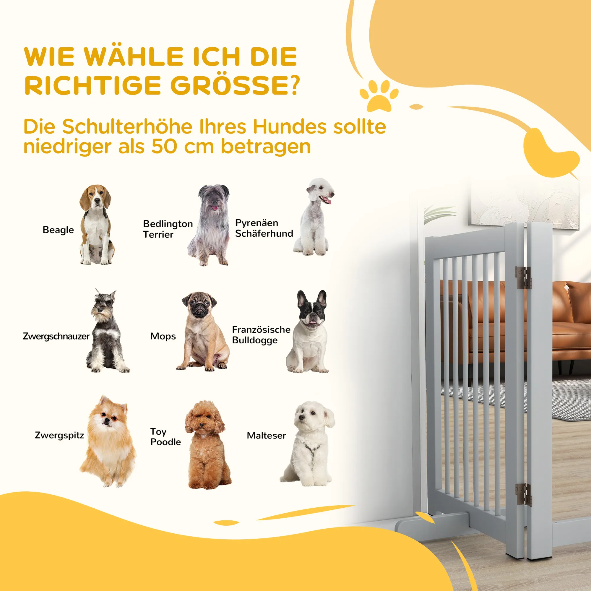 Hundegitter aus Kiefernholz mit Tür, 4 Paneele, Hellgrau, 204x75cm