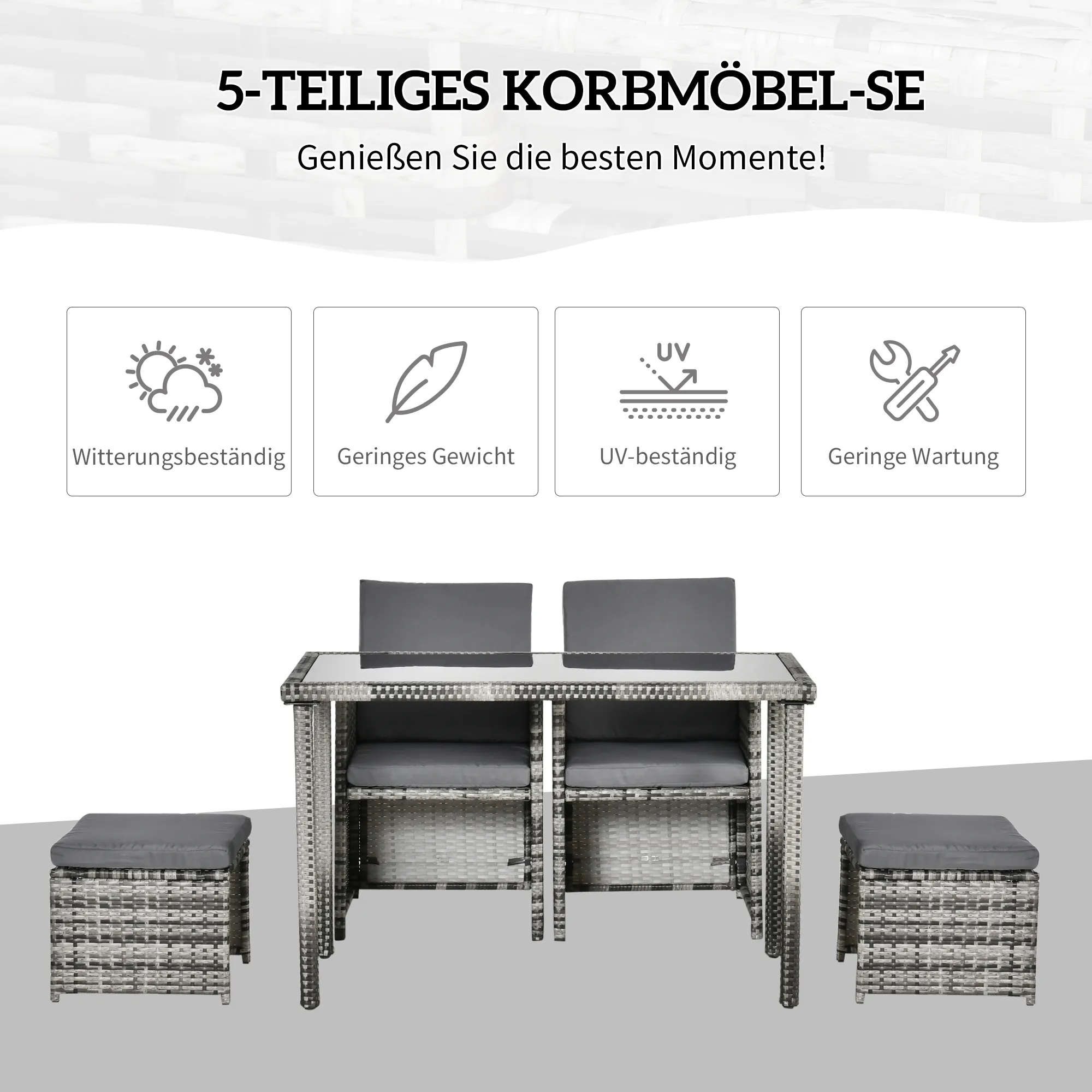 Polyrattan Sitzgruppe für 4 Personen Essgruppe Gartenset Garnitur mit Kissen, Grau