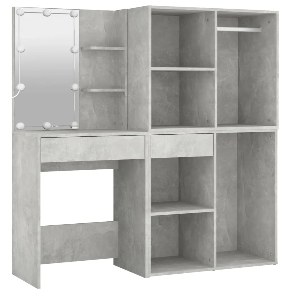 LED-Schminktisch Betongrau 60x40x140 cm mit 2 Schränken aus Holzwerkstoff