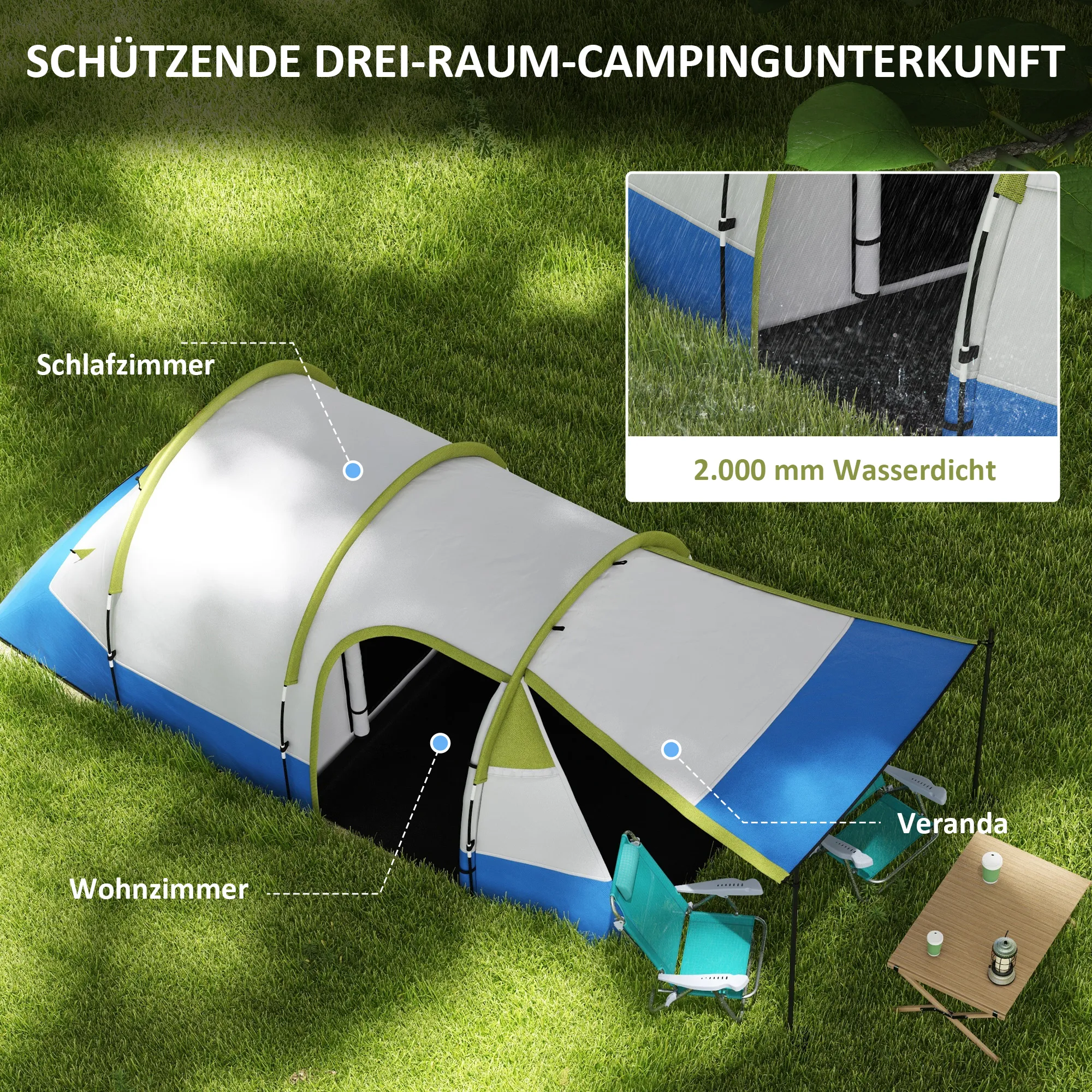 Tunnelzelt 4 Personen 420x200x150 cm Grün