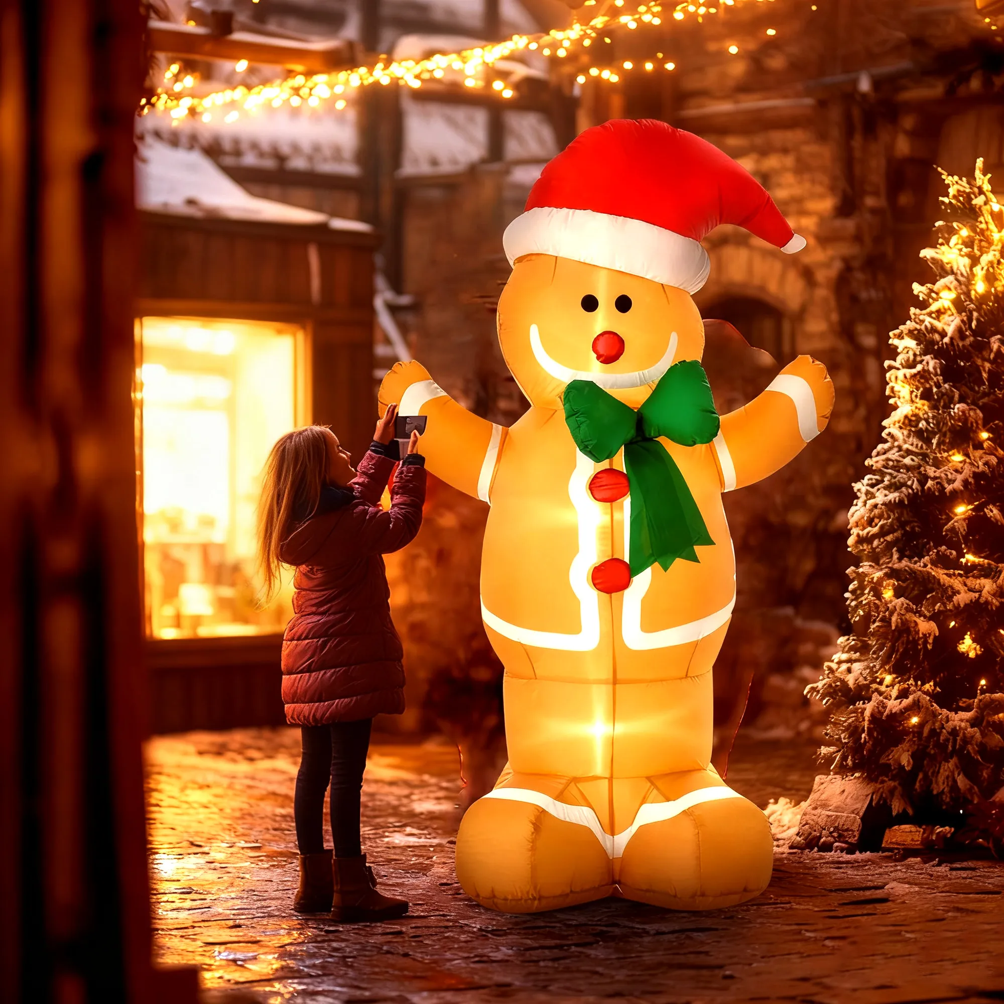 Aufblasbare Weihnachtsdeko 1,83 m Lebkuchenmann mit Schleife, 3 LEDs, internes Gebläse Gartendeko