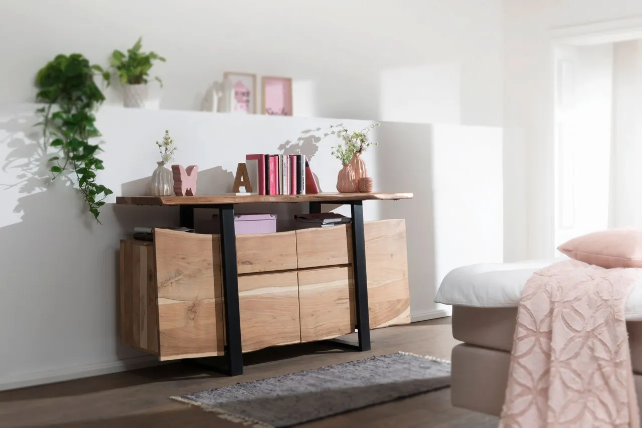 WOHNLING Sideboard GAYA Akazie Kommode Massiv Holz 175x90x44cm | Highboard mit Türen & Schubladen