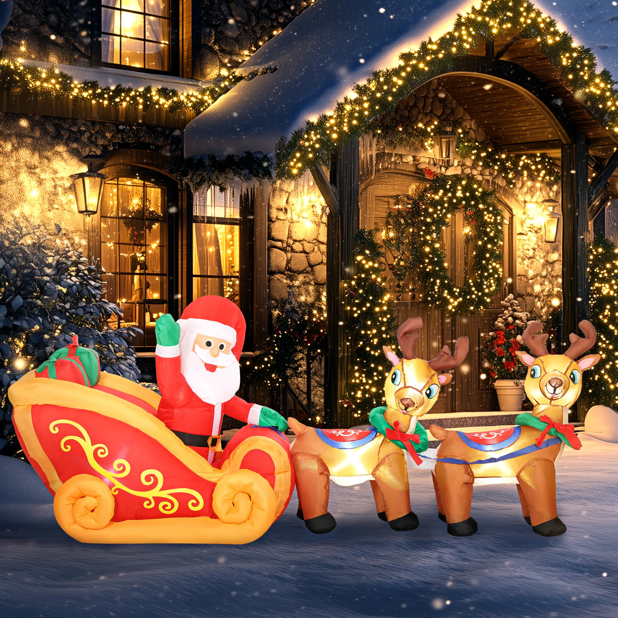 Aufblasbare Weihnachtsdekoration, Weihnachtsmann im Rentierschlitten, Polyester
