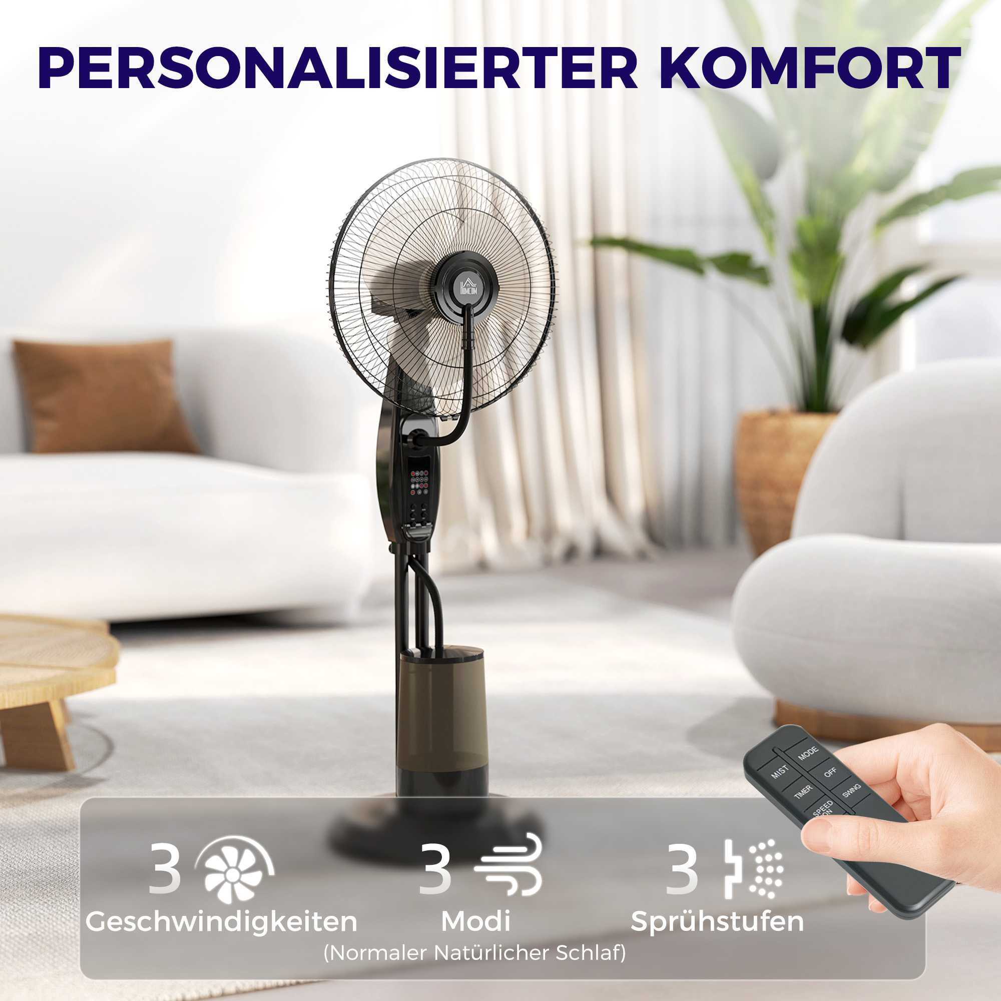 Ventilator, Nebelventilator, 3 Geschwindigkeiten, Timer, Luftbefeuchter, Schwarz