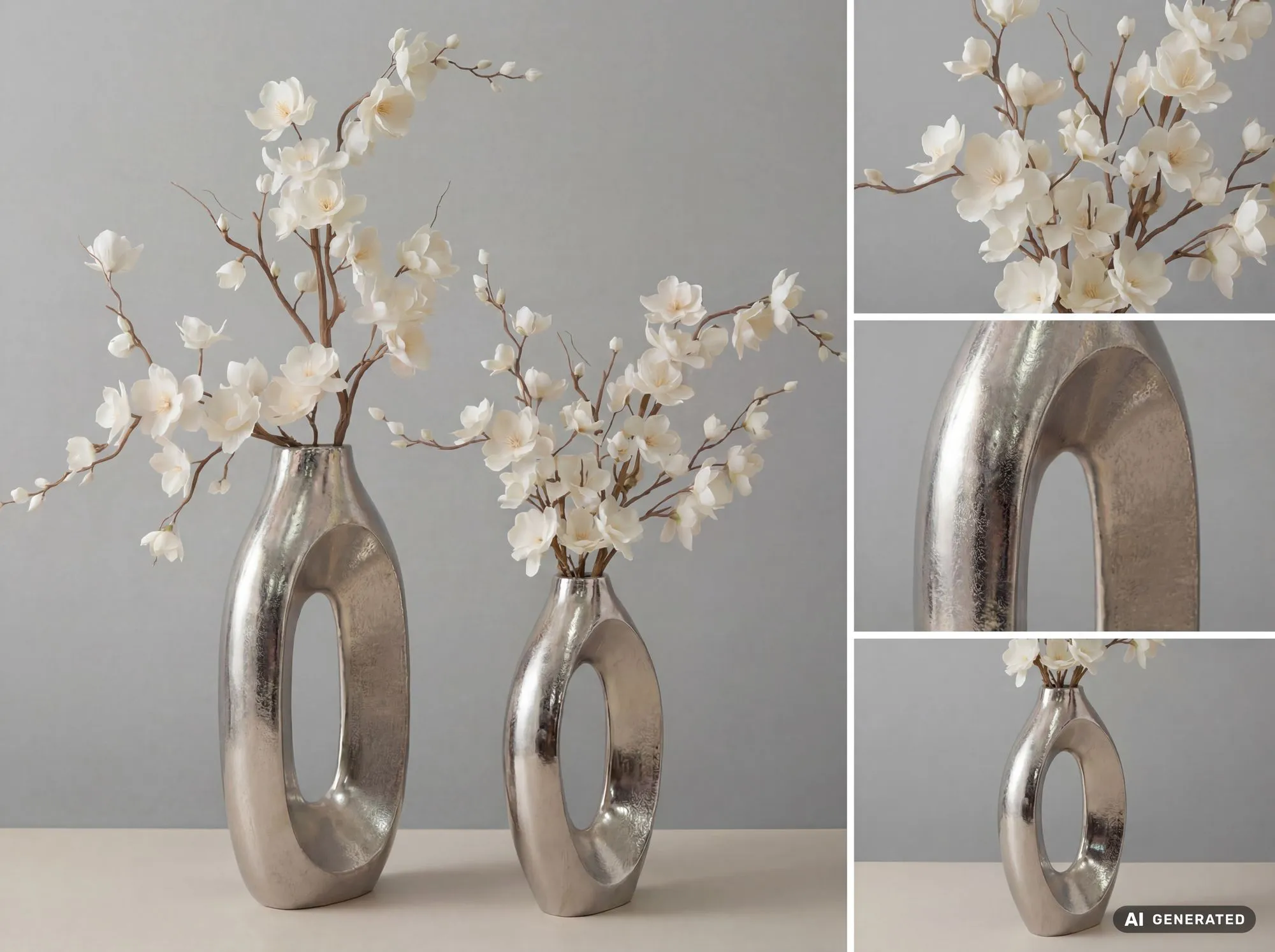 Dekovase 2er Set Metall Silber - Design Blumenvase Groß - Metallvase Modern - Standvase für Blumen und Trockenblumen Hoch - Wohnzimmer Deko - Wohndeko Handmade